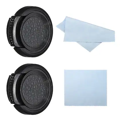Front. Unique Bargains - 2pcs 25mm Sides Pinch Lens Cap with Cloth for Nikon/Fujifilm/Pentax - Black.