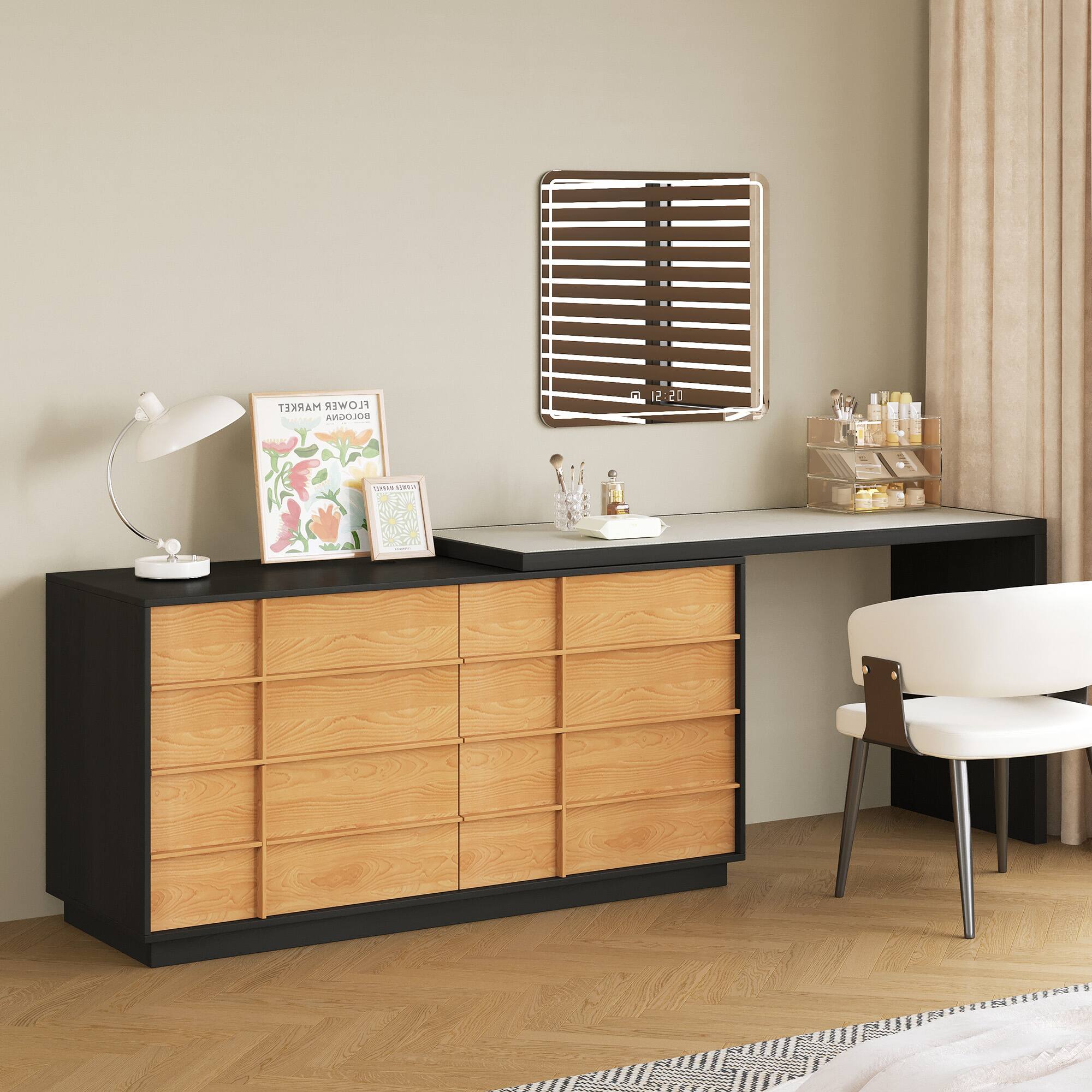 luck idea - Modern Extendable Rotating L-Shaped Vanity Table with 6 Drawers, Reversible Makeup Vanity for Bedroom - Black