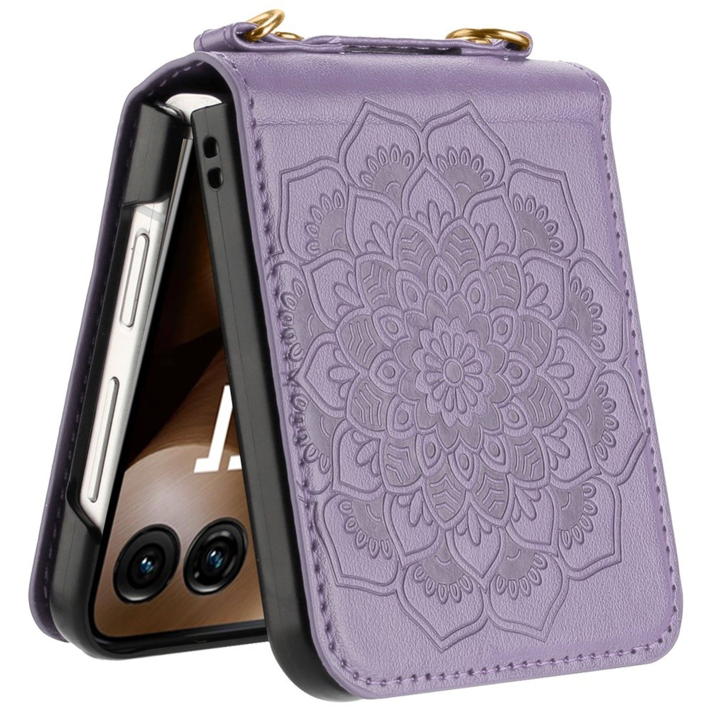 Angle. Kitcheniva - Elegant Embossed Vegan Leather Case For Motorola Razr Ultra 2026/2025 Purple - Purple.