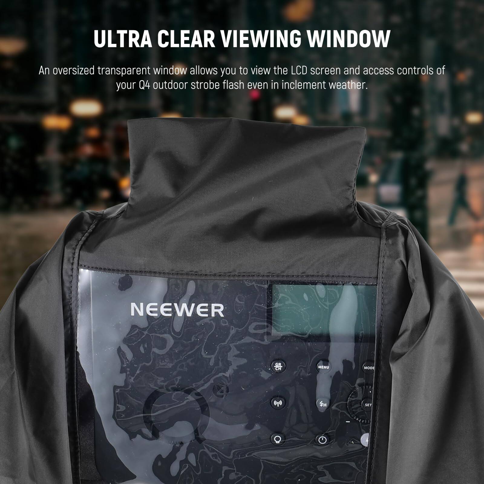 ULTRA CLEAR VIEWING WINDOW

An oversized transparent window allows you to view the LCD screen and access controls of your Q4 outdoor strobe flash even in inclement weather.

NEEWER

GR EU MENU MODE $ye FH SET