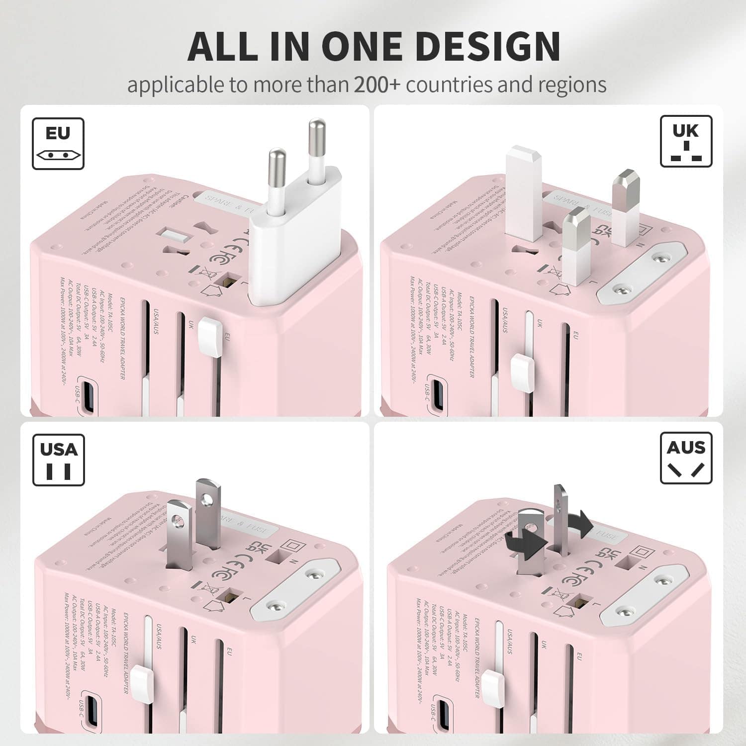 The text on the image is grouped as follows:
1. "ALL IN ONE DESIGN applicable to more than 200+ countries and regions"
2. "EU, UK, EU, USA, AUS, 1.1, 2.4, 6A, 30V, 1000W, 240V, 50/60Hz, 100-240V, 50/60Hz, 19V, 3.63A, 2.4A, 6A, 30V, 1000W, 240V, 50/60Hz, 100-240V, 50/60Hz, 19V, 3.63A, 2.4A, 6A, 30V, 1000W, 240V, 50/60Hz, 100-240V, 50/60Hz, 19V, 3.63A, 2.4A, 6A, 30V, 1000W, 240V, 50/60Hz, 100-240V, 50/60Hz, 19V, 3.63A, 2.4A, 6A, 30V, 1000W, 240V, 50/60Hz, 100-240V, 50/60Hz, 19V, 3.63A, 2.4A, 6A, 30V, 1000W, 240V, 50/60Hz, 100-240V, 50/60Hz, 19V, 3.63A, 2.4A, 6A, 30V, 1000W, 240V, 50/60Hz, 100-240V, 50/60Hz, 19V, 3.
