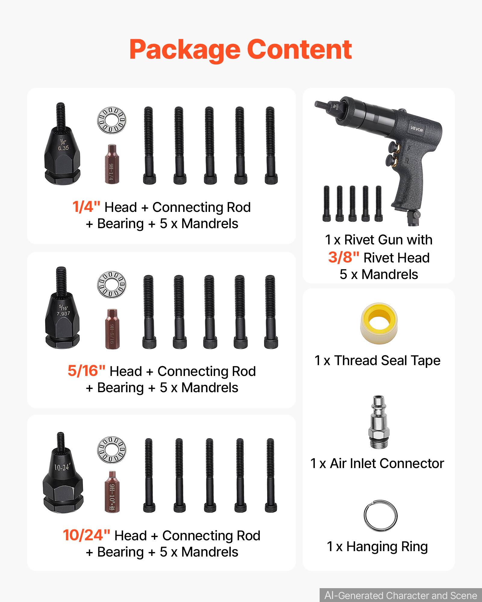 Package Content

- 0.35 VEVOR SEE-1/4" Head + Connecting Rod + Bearing + 5 x Mandrels
- 1 x Rivet Gun with 3/8" Rivet Head + 5 x Mandrels
- 7.937 981-5/16" Head + Connecting Rod + Bearing + 5 x Mandrels
- 1 x Thread Seal Tape
- 10-24" Head + Connecting Rod + Bearing + 5 x Mandrels
- 1 x Air Inlet Connector
- 1 x Hanging Ring

AI-Generated Character and Scene