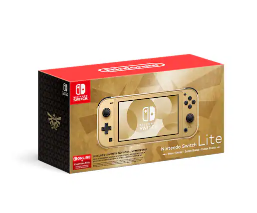 The text on the image reads:
"Nintendo Switch Lite. 3 months of Nintendo Switch Online Membership. Hyrule Edition includes 12 month Individual Membership. Nintendo Switch Online membership (sold separately) is required for online play. Nintendo Switch Lite is a compact, portable version of the Nintendo Switch gaming system. It includes a built-in screen, detachable Joy-Con controllers, and a smaller form factor. The Hyrule Edition of the Nintendo Switch Lite features a gold design and includes a 12-month individual membership to Nintendo Switch Online."