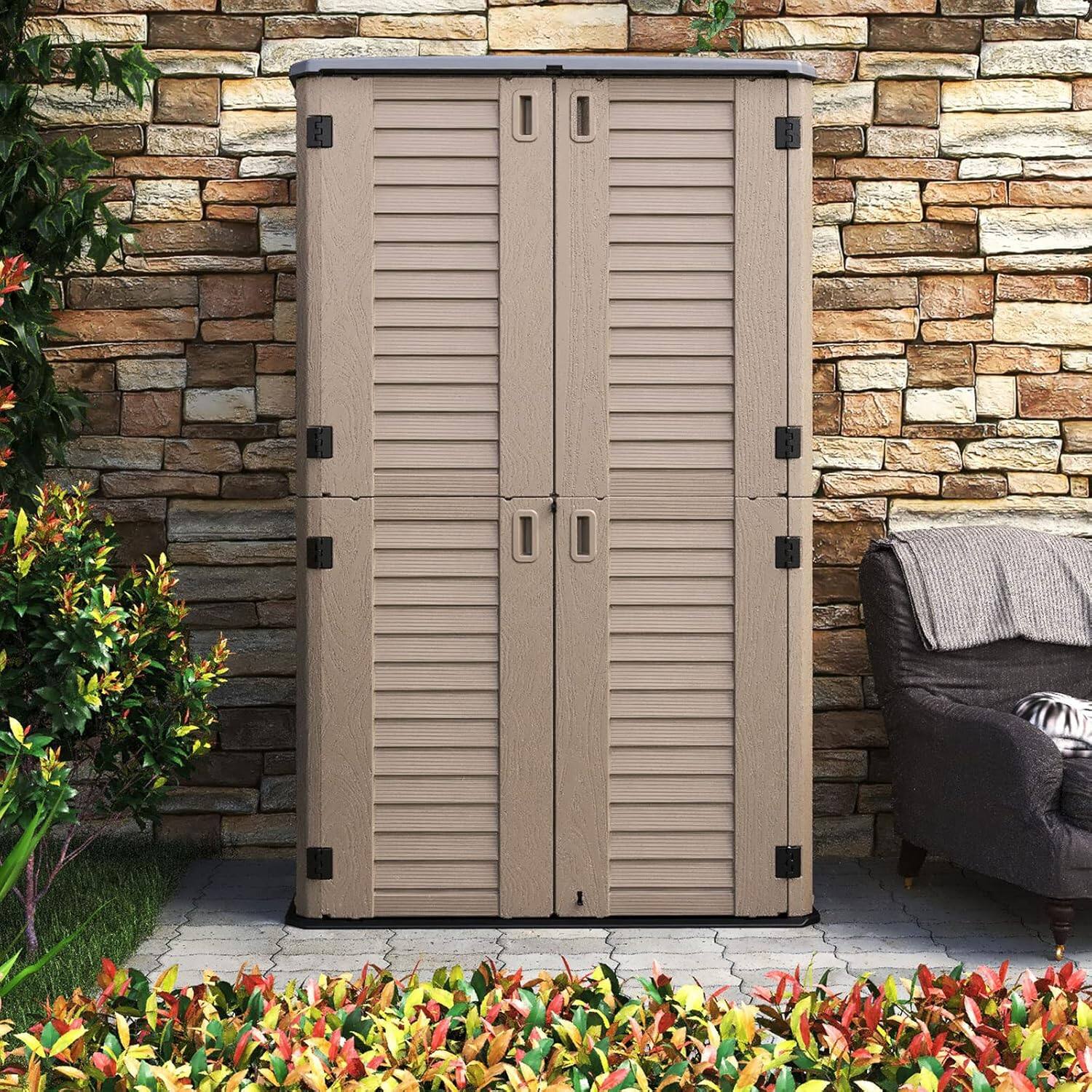 Angle. Yardgrace - 66 Cu.ft Waterproof Resin Vertical Storage Shed, Lockable. Outdoor Storage Box for Garden, Backyard, Home & Pool - Brown.