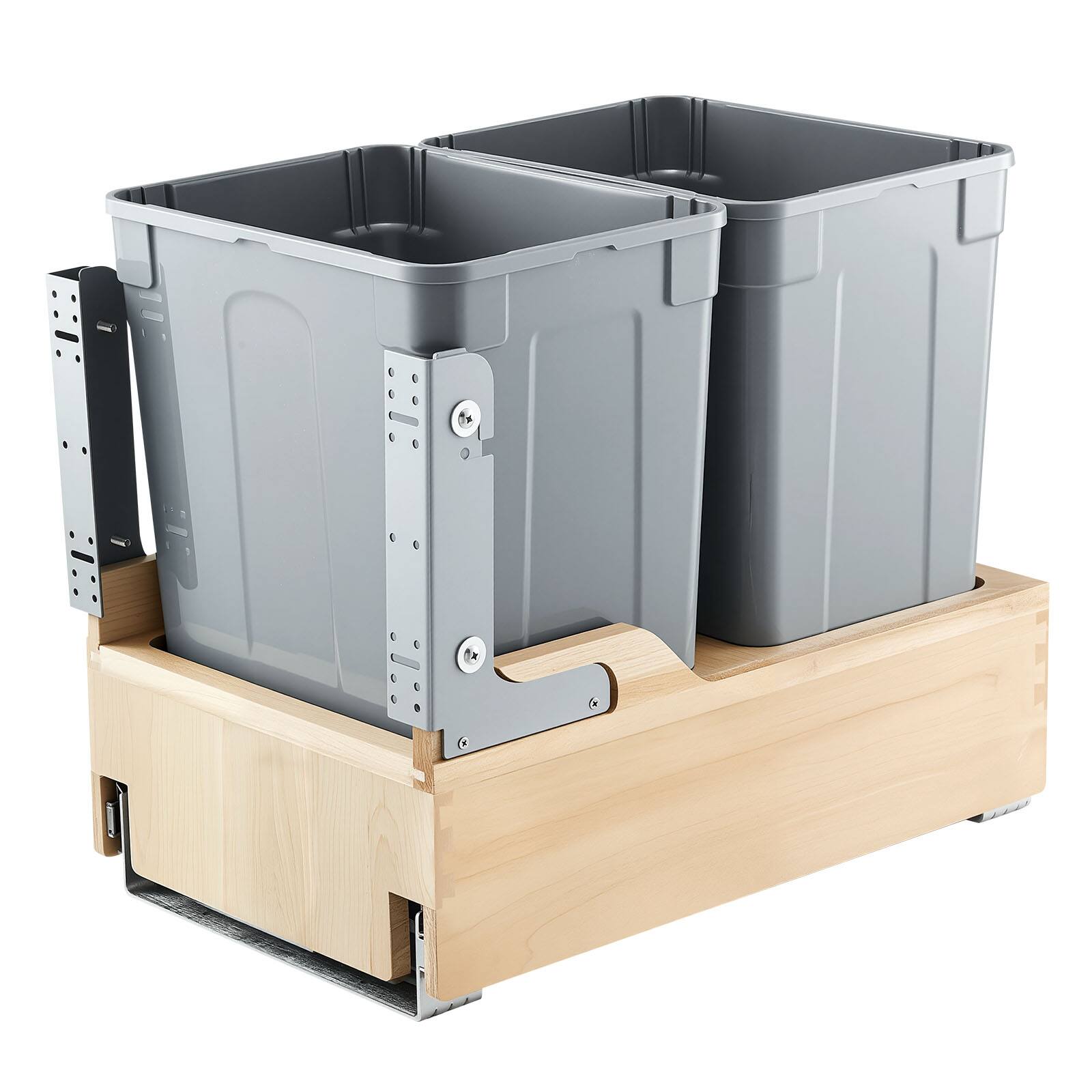Front. VEVOR - Wood Pullout Trash Can for Kitchen Cabinets, 35 QT x2 Double Under Sink Garbage Waste Recycling Bin - Grey.