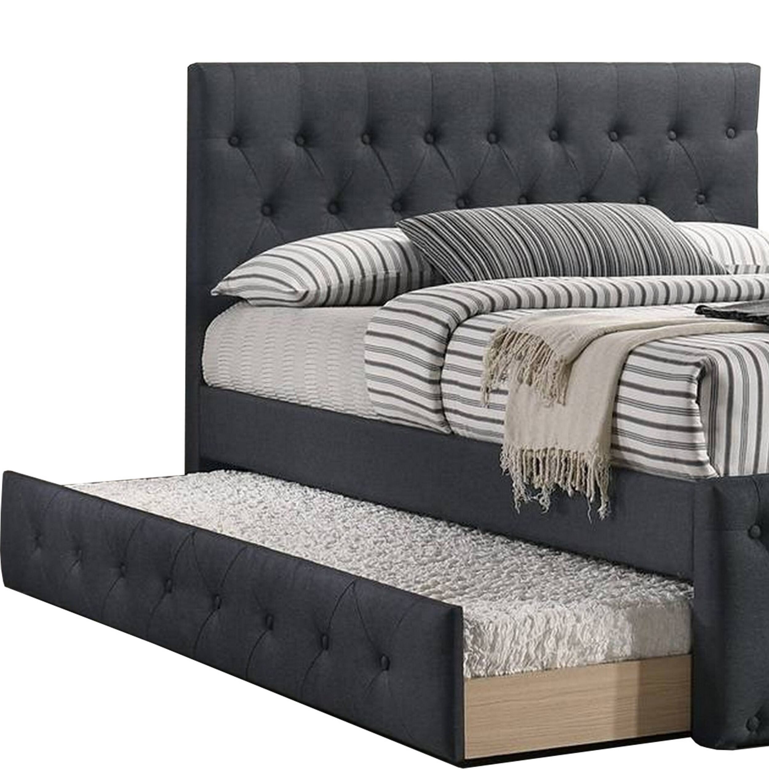 Alt View 1. Manhattan Lane - Nek Full Size Upholstered Bed with Twin Trundle, Tufted Charcoal Burlap - Charcoal Gray.