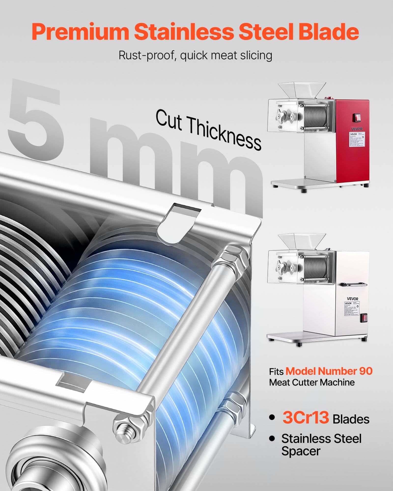 Premium Stainless Steel Blade  
Rust-proof, quick meat slicing  

5 mm Cut Thickness  

Fits Model Number 90 Meat Cutter Machine  

- 3Cr13 Blades  
- Stainless Steel Spacer