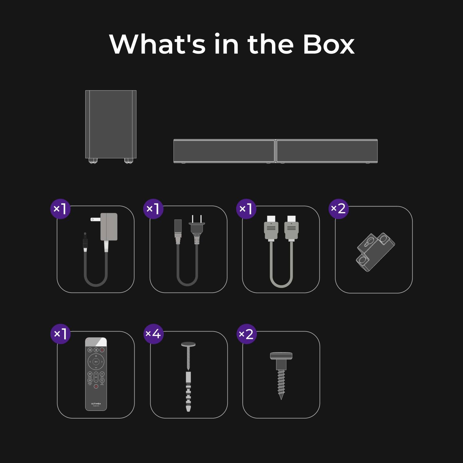 What's in the Box

- 1 x Power Adapter
- 1 x HDMI Cable
- 1 x USB Cable
- 2 x Screws
- 1 x Remote Control
- 4 x Screws
