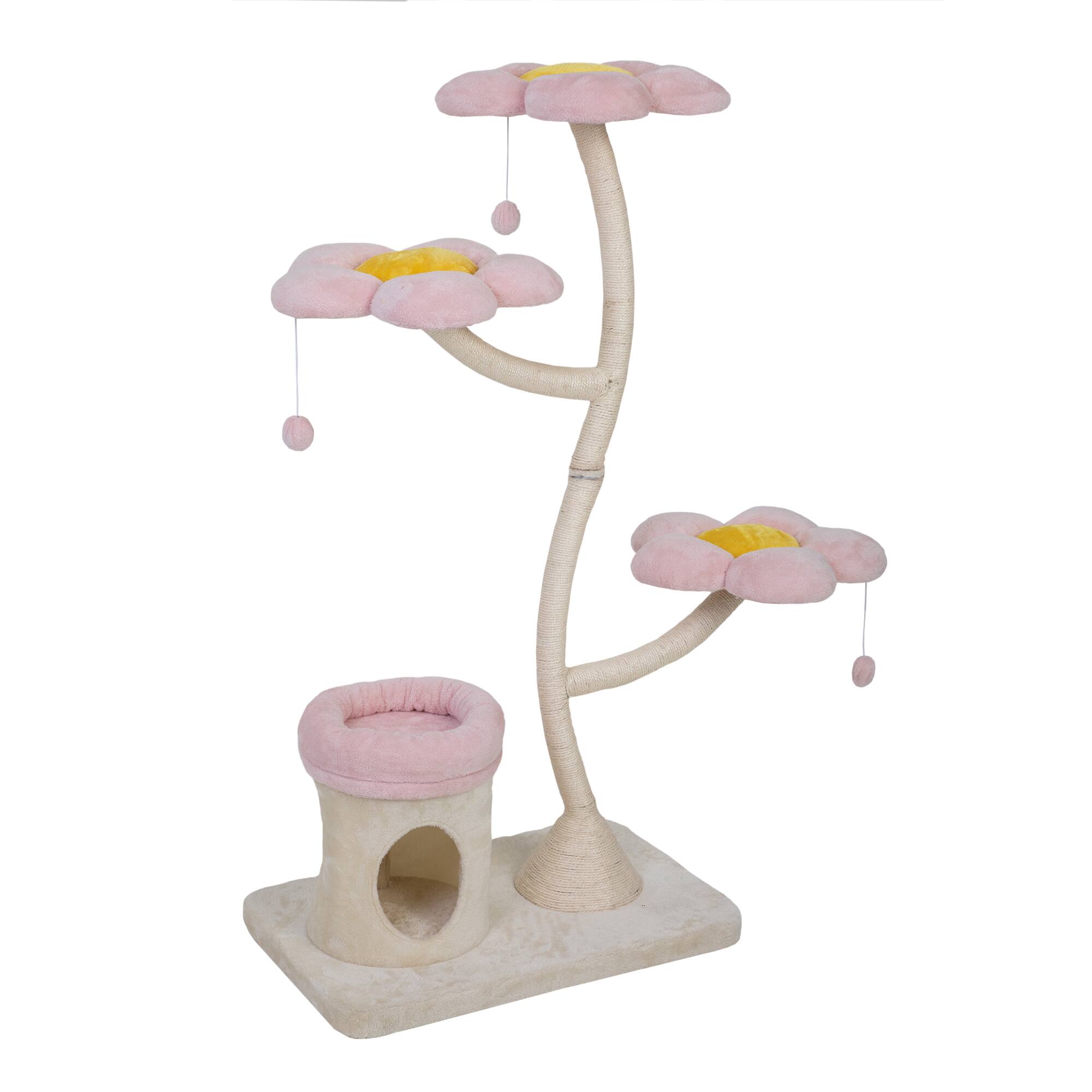 Left. TinyHomie - Flower-Shaped Cat Tree with Blooming Platforms Bed Condo and Dangling Toys Multi-Level Cat Tower for Indoor Cats - Beige,Pink.