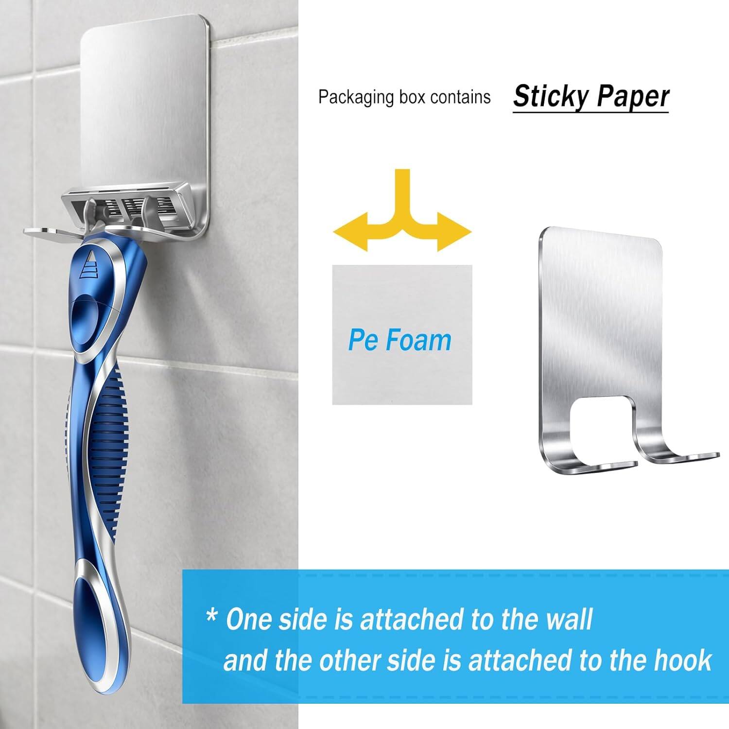 Packaging box contains Sticky Paper, Pe Foam  
* One side is attached to the wall and the other side is attached to the hook