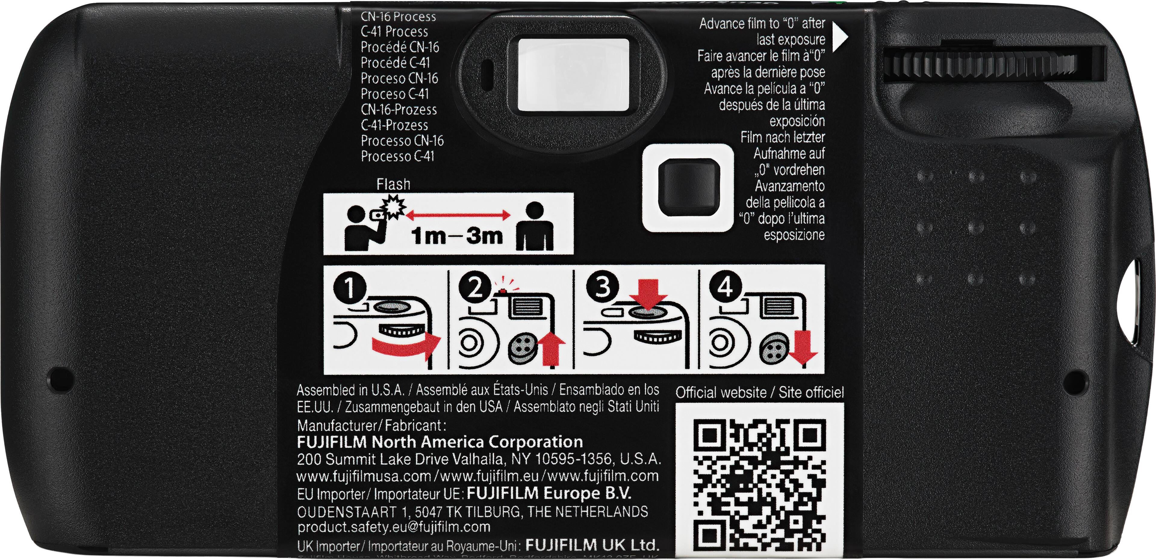 CN-16 Process  
C-41 Process  
Procédé CN-16  
Procédé C-41  
Proceso CN-16  
Proceso C-41  
CN-16-Prozess  
C-41-Prozess  
Processo CN-16  
Processo C-41  
Flash 1m-3m

Advance film to "0" after last exposure  
Faire avancer le film "0" après la dernière pose  
Avance la película a "0" después de la última exposición  
Film nach letzter Aufnahme auf "0" vordrehen  
Avanzamento della pellicola a "0" dopo l'ultima esposizione

1  
2  
3  
4

Assembled in U.S.A. / Assemblé aux États-Unis / Ensamblado en los Estados Unidos / Assembled in the U.S.A. / Assemblé aux États-Unis / Assembled in the U.S.A. / Assembled in the U.S.A. / Assembled in the U.S.A. / Assembled in the U.S.A. / Assembled in the U.S.A. / Assembled in the