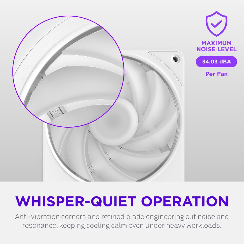 MAXIMUM NOISE LEVEL 34.03 dBA Per Fan

WHISPER-QUIET OPERATION

Anti-vibration corners and refined blade engineering cut noise and resonance, keeping cooling calm even under heavy workloads.