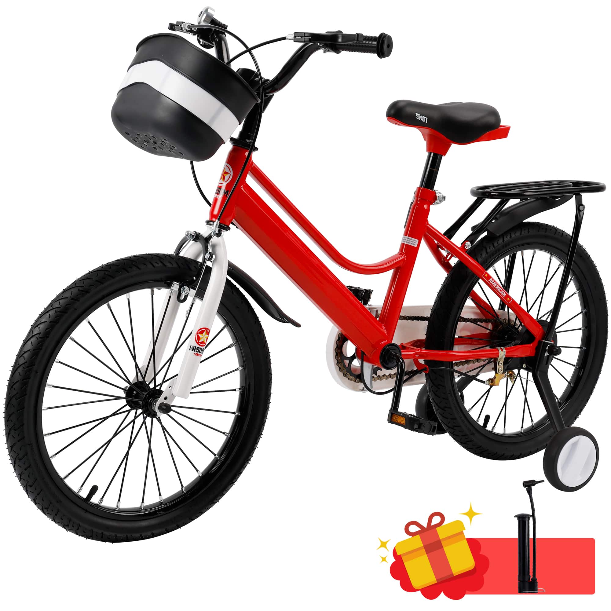 Topteng - ​​16" Kids Bike for Boys and Girls with Training Wheels,Basket, Dual Brakes, Adjustable Handlebars & Seat​ - Red
