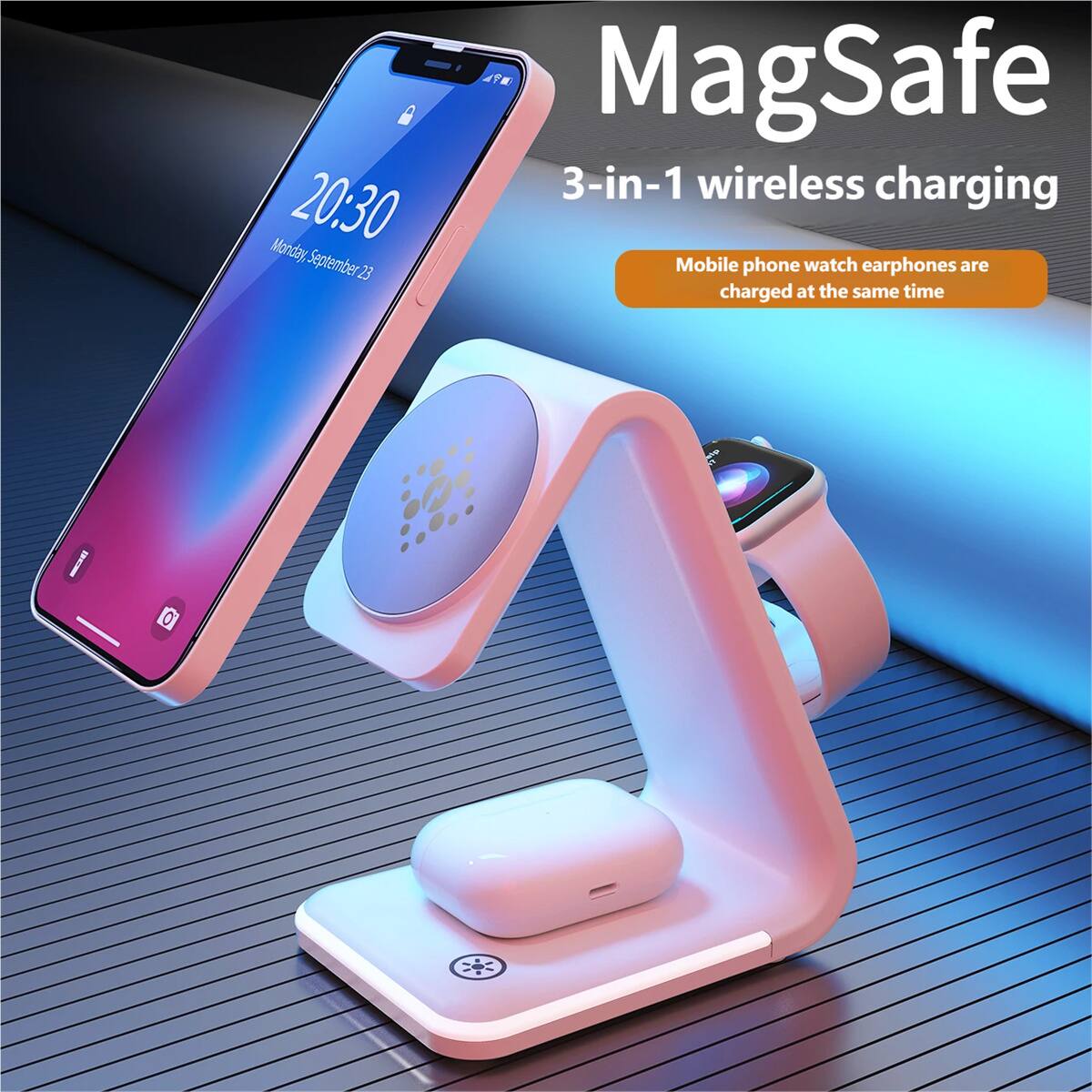 20:30  
Monday, September 23  

MagSafe  
3-in-1 wireless charging  

Mobile phone watch earphones are charged at the same time