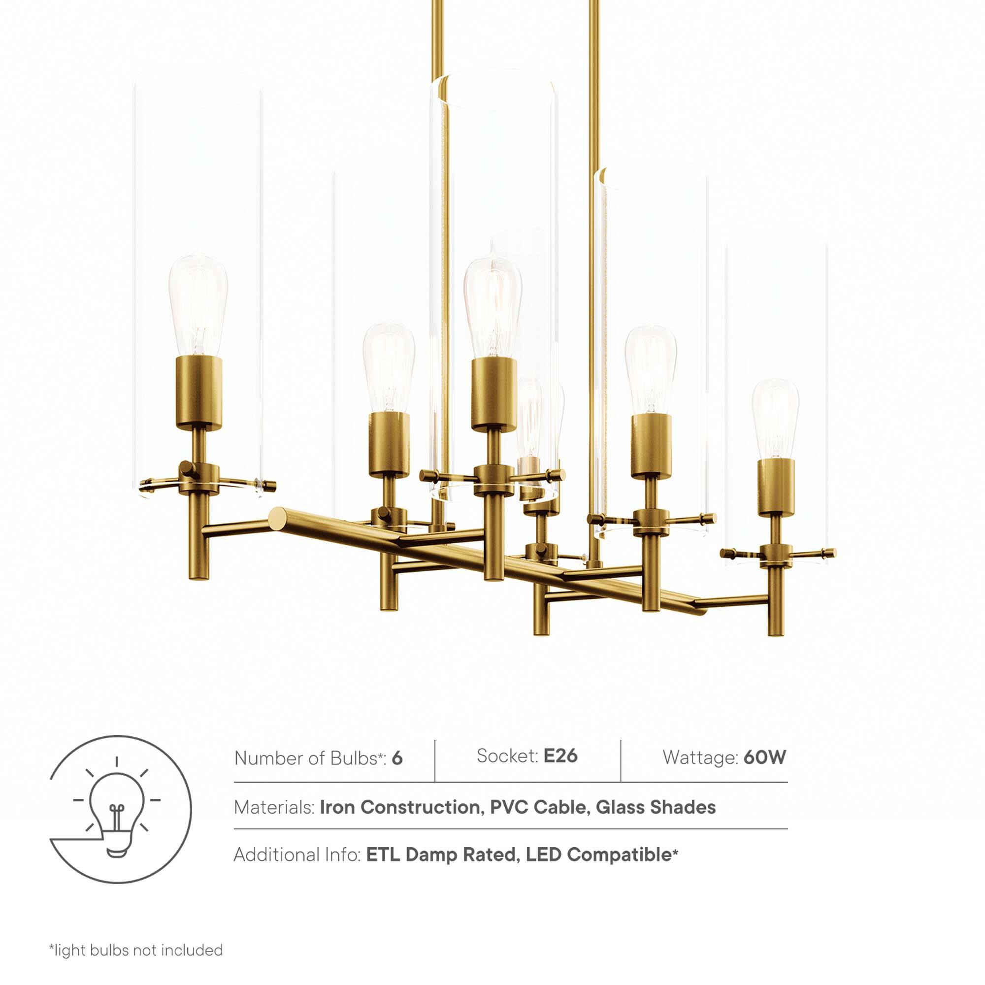 Number of Bulbs: 6  
Socket: E26  
Wattage: 60W  

Materials: Iron Construction, PVC Cable, Glass Shades  

Additional Info: ETL Damp Rated, LED Compatible*  

*light bulbs not included