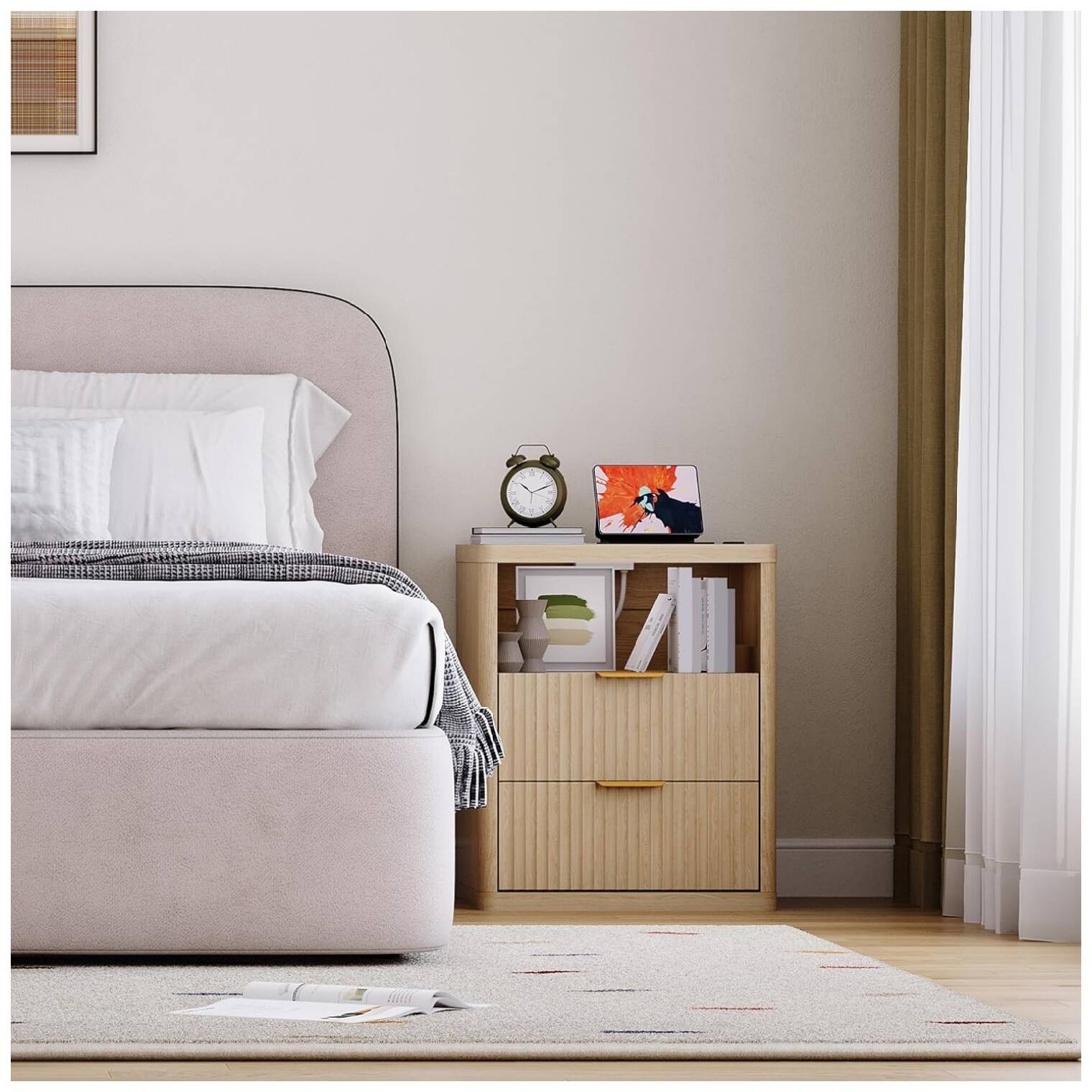 Back. GARVEE - Fluted Nightstand Set of 2, Bedside Table Built-in Charging Station, Featuring 2 Drawer & Open Storage Space, Natural - Natural.