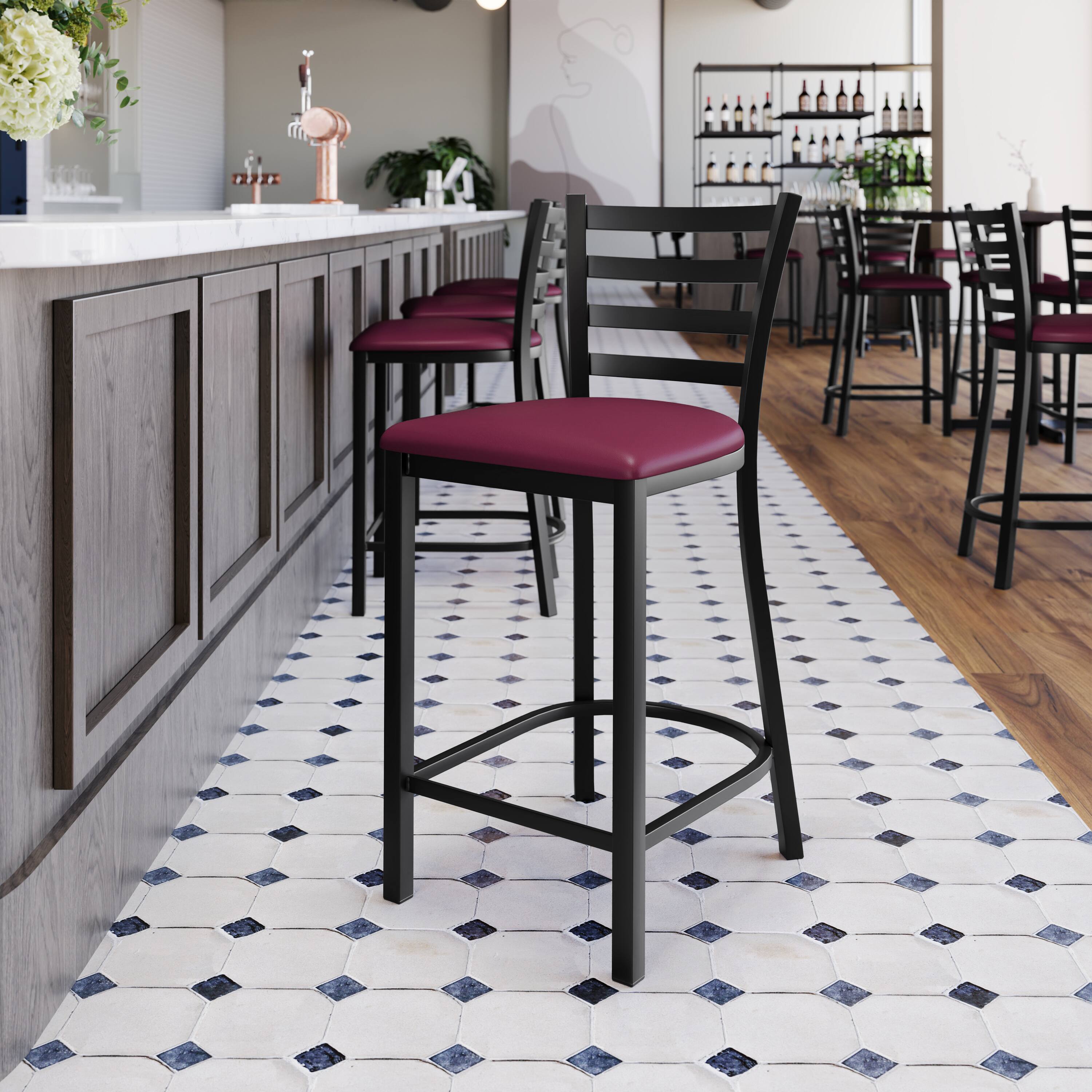 Alt View 5. Emma + Oliver - 2 Pack Ladder Back Metal Restaurant Counter Stool - Upholstered Seat - Burgundy Vinyl Seat/Black Metal Frame.
