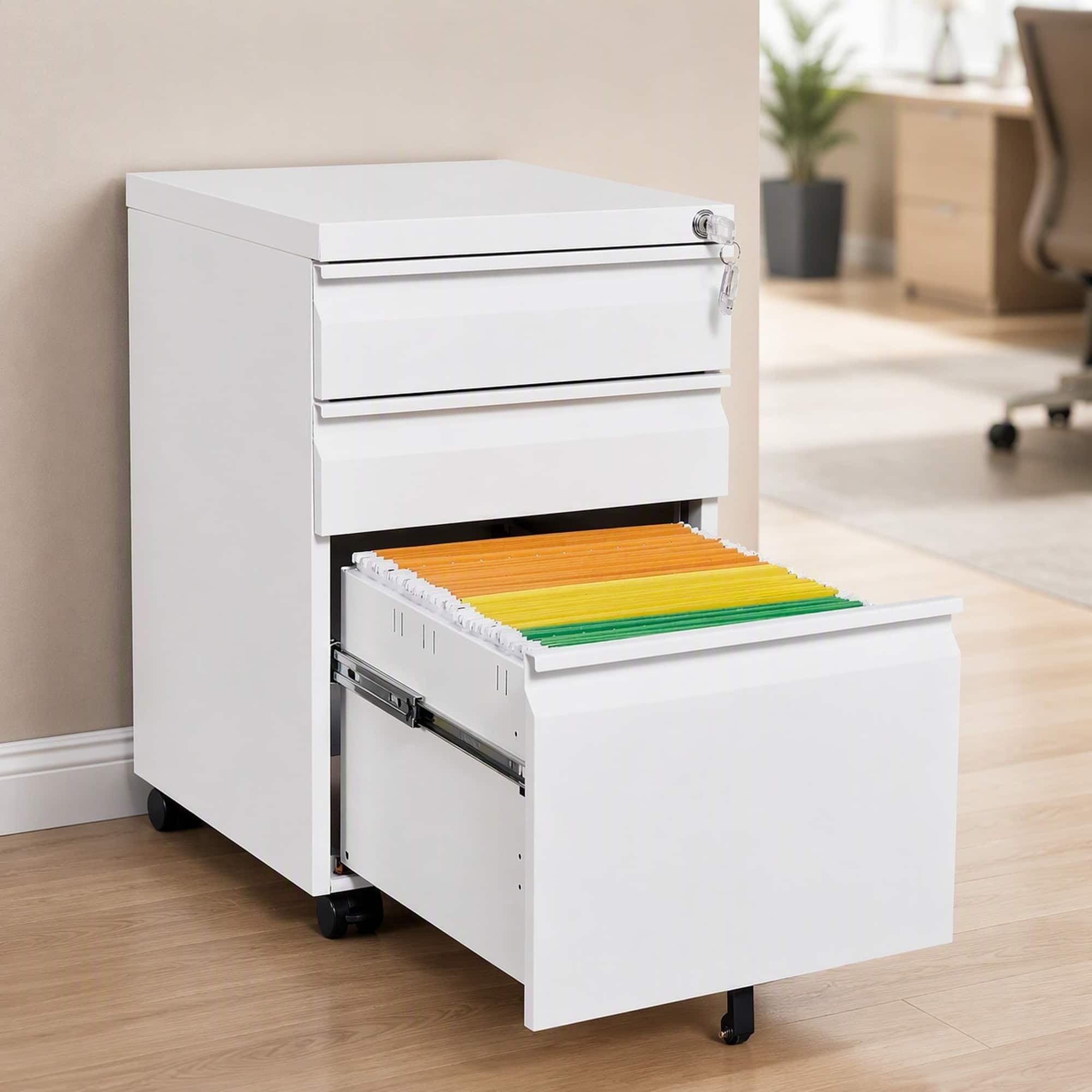 RYHNUYNE - 3-Drawer Metal Mobile Filing Cabinet-Legal Letter Sized Office Storage Filing Cabinet with Lock - White