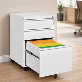 RYHNUYNE - 3-Drawer Metal Mobile Filing Cabinet-Legal Letter Sized Office Storage Filing Cabinet with Lock - White