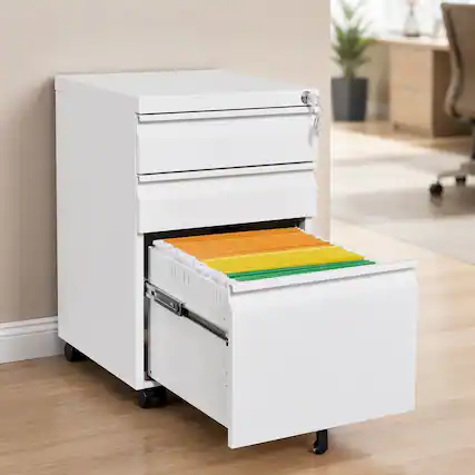 Front. RYHNUYNE - 3-Drawer White Metal Mobile Filing Cabinet-Legal Letter Sized Office Storage Filing Cabinet with Lock - White.