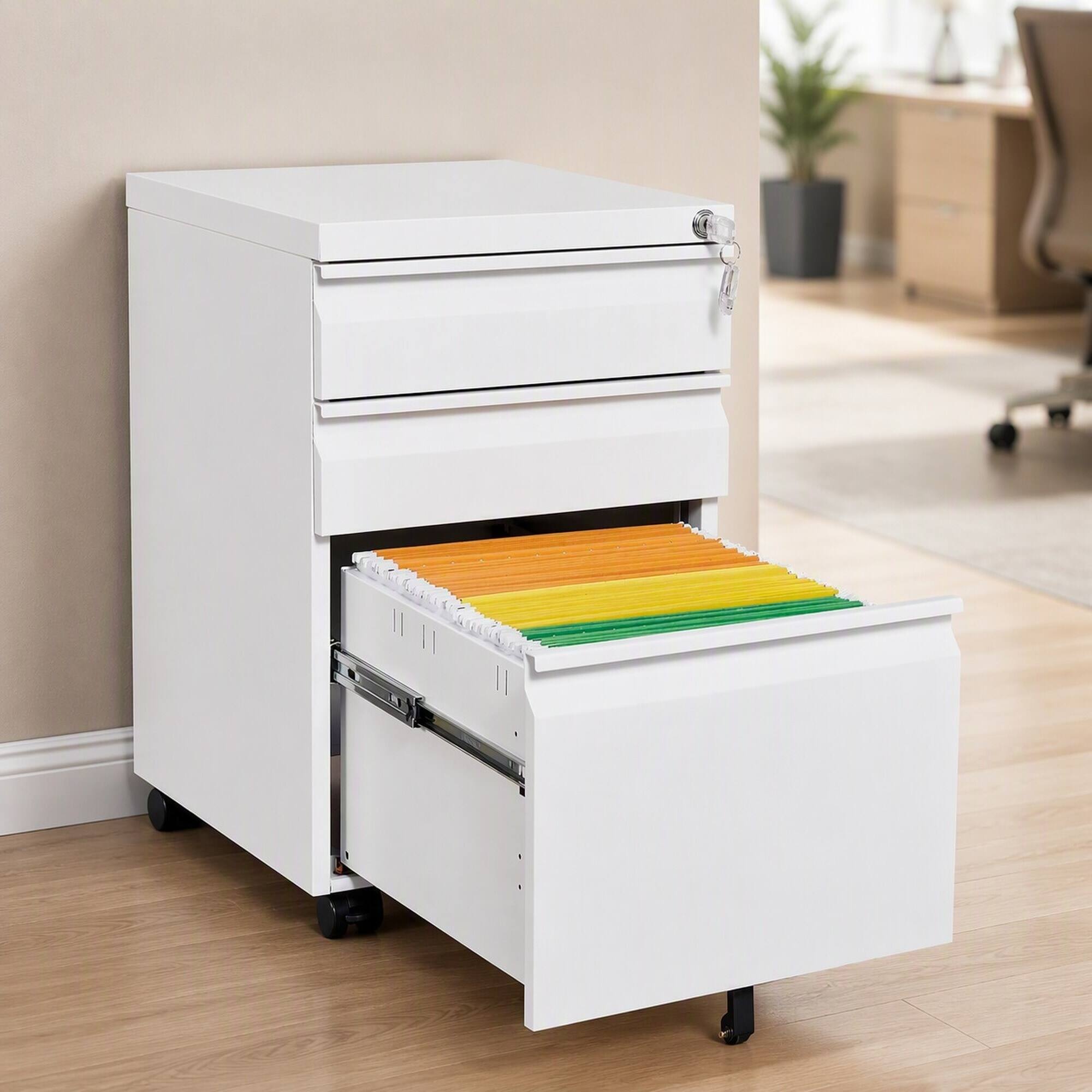 Front. RYHNUYNE - 3-Drawer White Metal Mobile Filing Cabinet-Legal Letter Sized Office Storage Filing Cabinet with Lock - White.