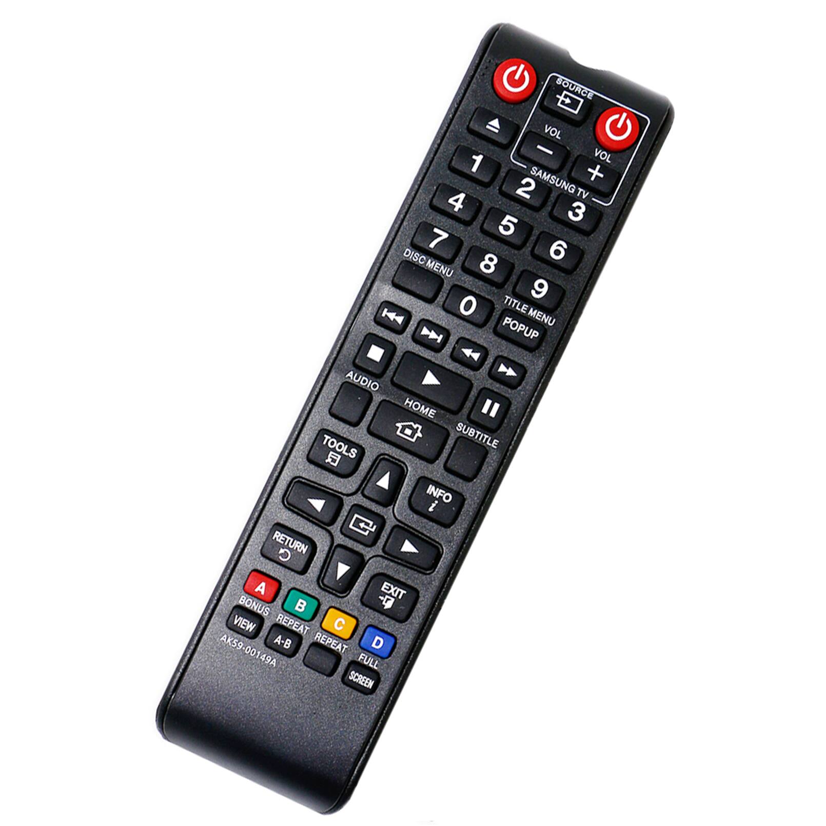 SOURCE VOL - VOL 1 + 2 SAMSUNG TV 4 3 5 7 6 DISC MENU DISC 8 MENU 9 0 TITLE MENU POPUP AUDIO HOME " TOOLS SUBTITLE INFO i 1 RETURN 5 A EXIT BONUS p- VIEW REPEAT C AK59 A-B REPEAT D 00149A 00 FULL SCREEN