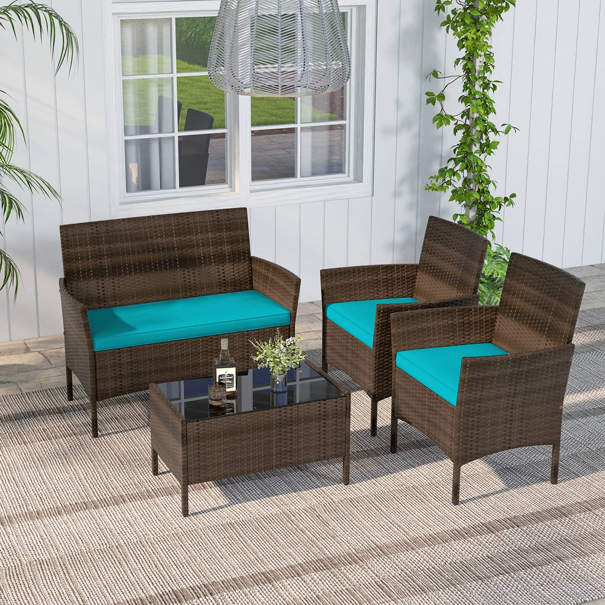 Alt View 2. Costway - 4 PCS Patio Furniture Set with Washable Cushions and Tempered Glass Coffee Table - Mix Brown + Turquoise.