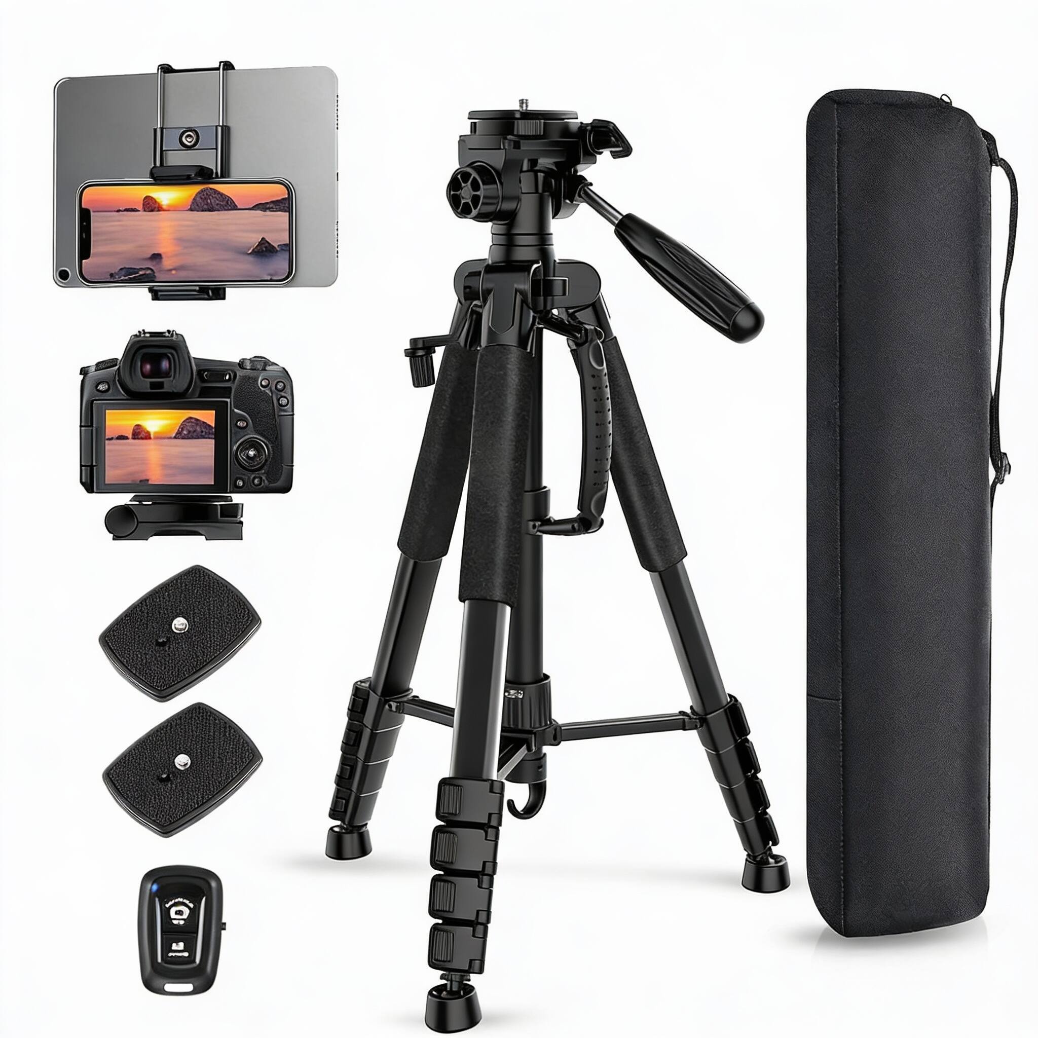 Back. OMOMMD - Camera Tripod Heavy Duty Aluminum Stand For Ipad Phone Travel With Remote carry Bag phone Tablet Holder Com... - Black-75 inch.