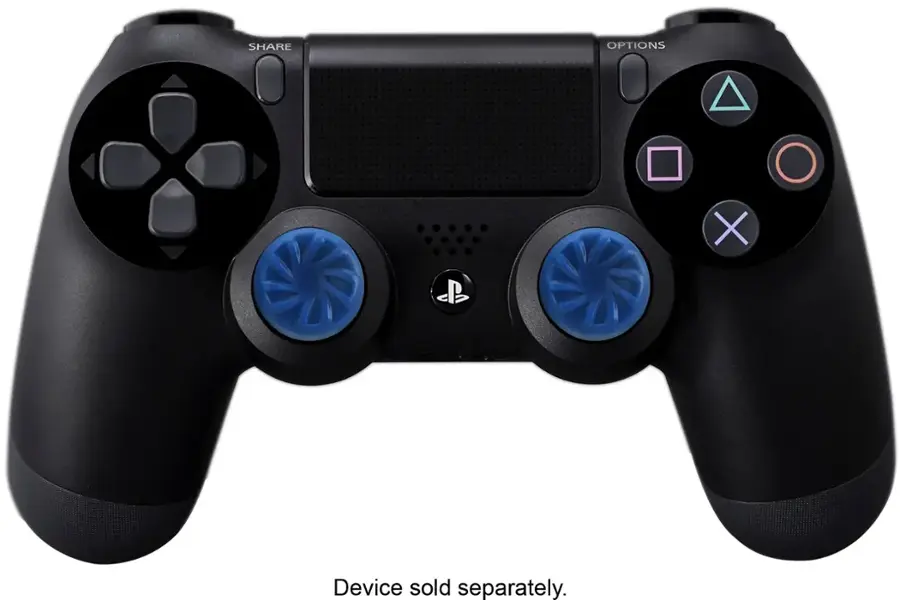The image shows a close-up of a PlayStation 4 controller with blue buttons. The controller is designed for the PlayStation 4 gaming system and is sold separately. The controller is equipped with a DualShock feature, which allows for motion-sensing and button-pressing capabilities. The controller is black and has a sleek design, making it an essential accessory for any gaming enthusiast.