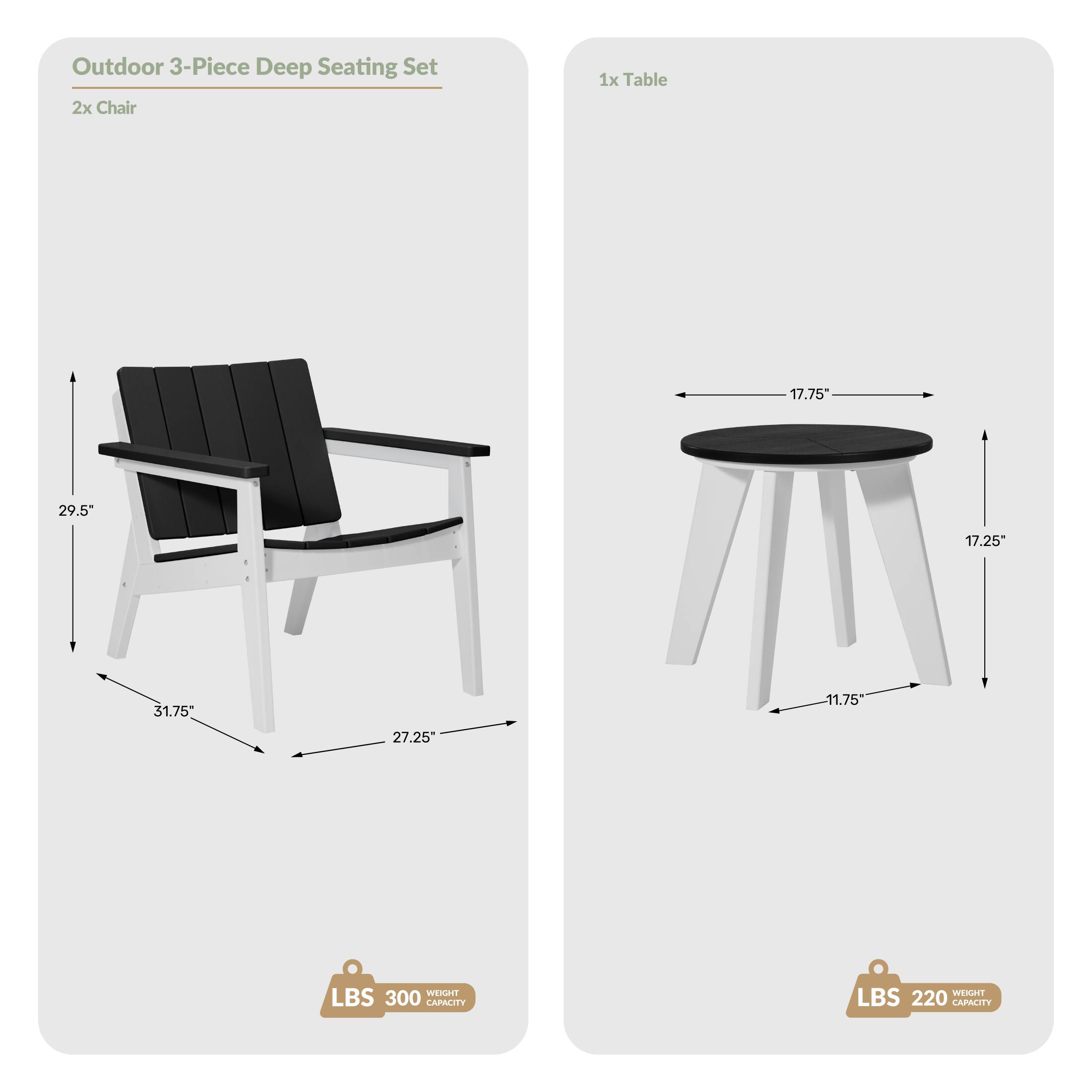 Outdoor 3-Piece Deep Seating Set  
2x Chair  
1x Table  

Dimensions:  
- Chair: 17.75" W x 29.5" H x 17.25" D  
- Table: 17.75" W x 11.75" H x 17.25" D  

Weight Capacity:  
- Chair: 300 LBS  
- Table: 220 LBS