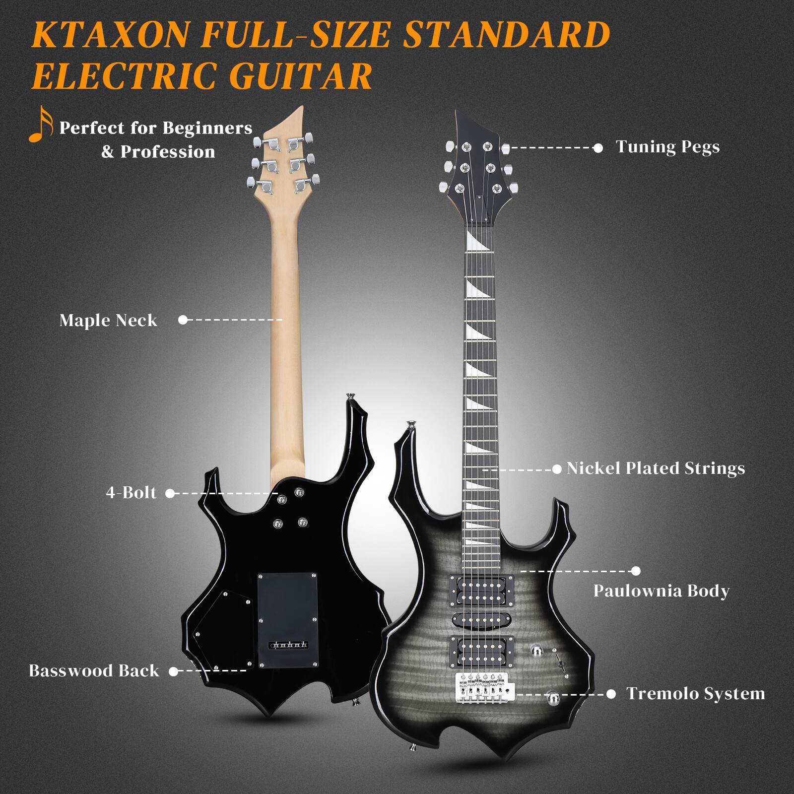 KTAXON FULL-SIZE STANDARD ELECTRIC GUITAR

Perfect for Beginners & Profession

- Maple Neck
- 4-Bolt
- Basswood Back
- Tuning Pegs
- Nickel Plated Strings
- Paulownia Body
- Tremolo System
