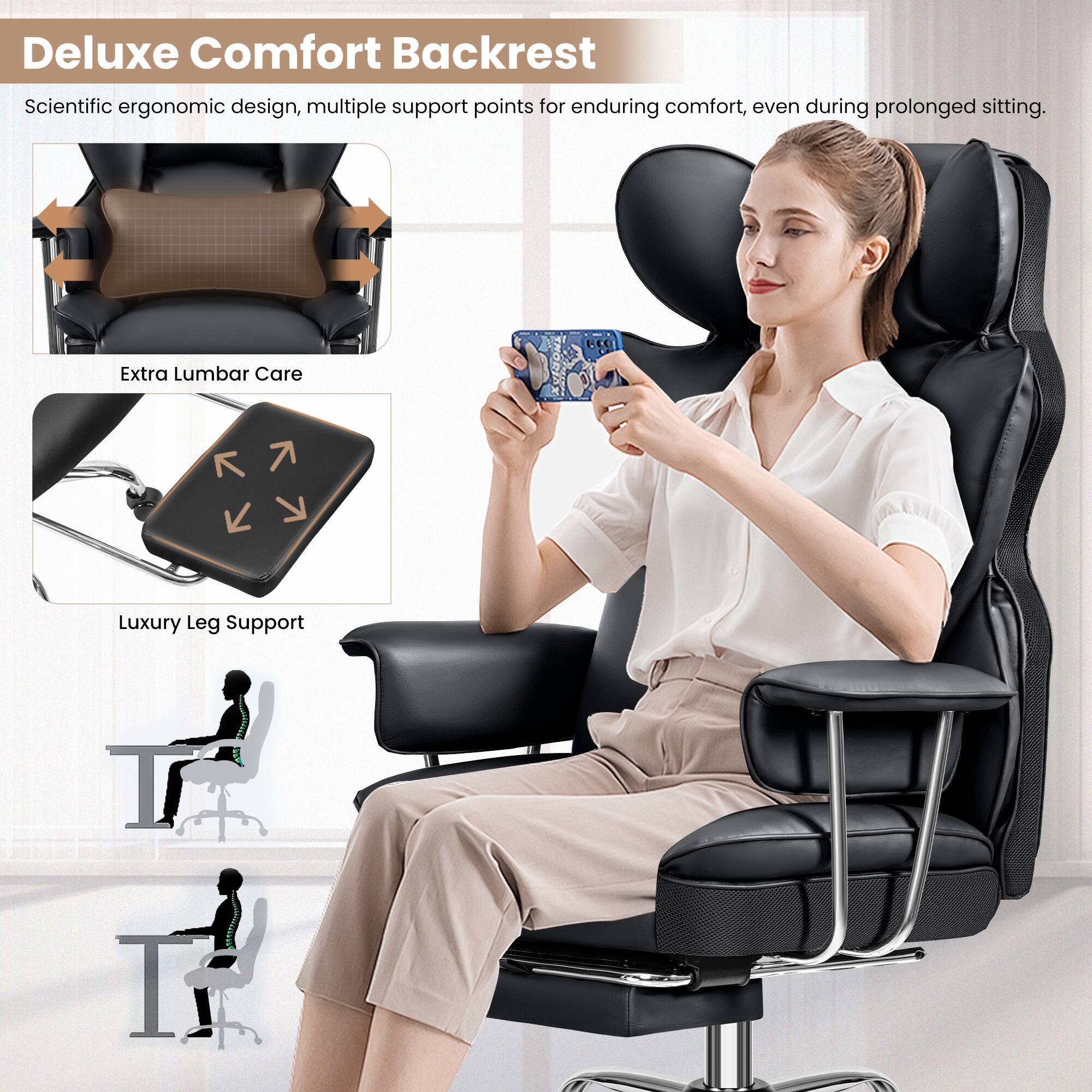 Deluxe Comfort Backrest: Scientific ergonomic design, multiple support points for enduring comfort, even during prolonged sitting. ECC ExtRA Lumbar Care: Luxury Leg Support.