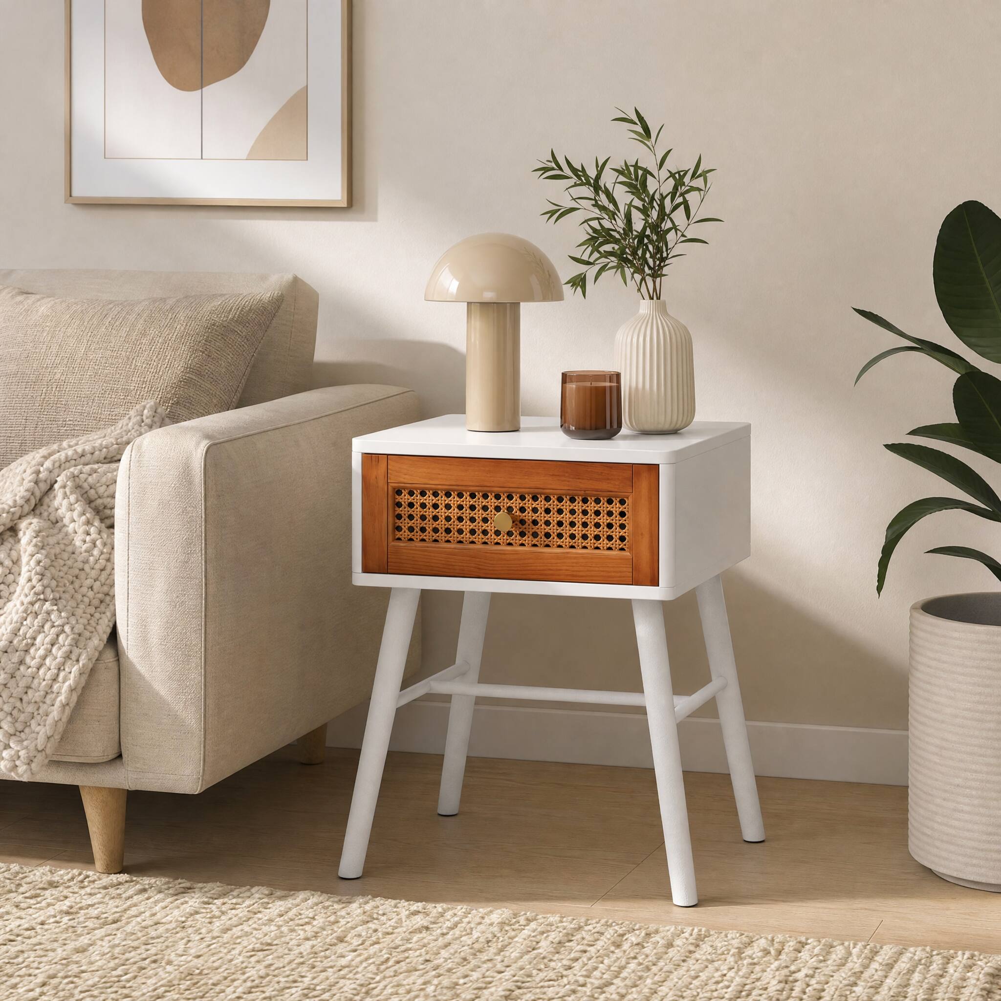 Angle. WELLFOR - Mid-Century Modern Rattan Nightstand with Drawer - White.