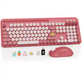 PRIMEPLUS - Wireless Keyboard & Mouse, Round Keycaps, Magnetic Wrist Rest, Retro Typewriter, 2.4G, Auto Sleep, Purple, Mac/Windows - Rose Pink
