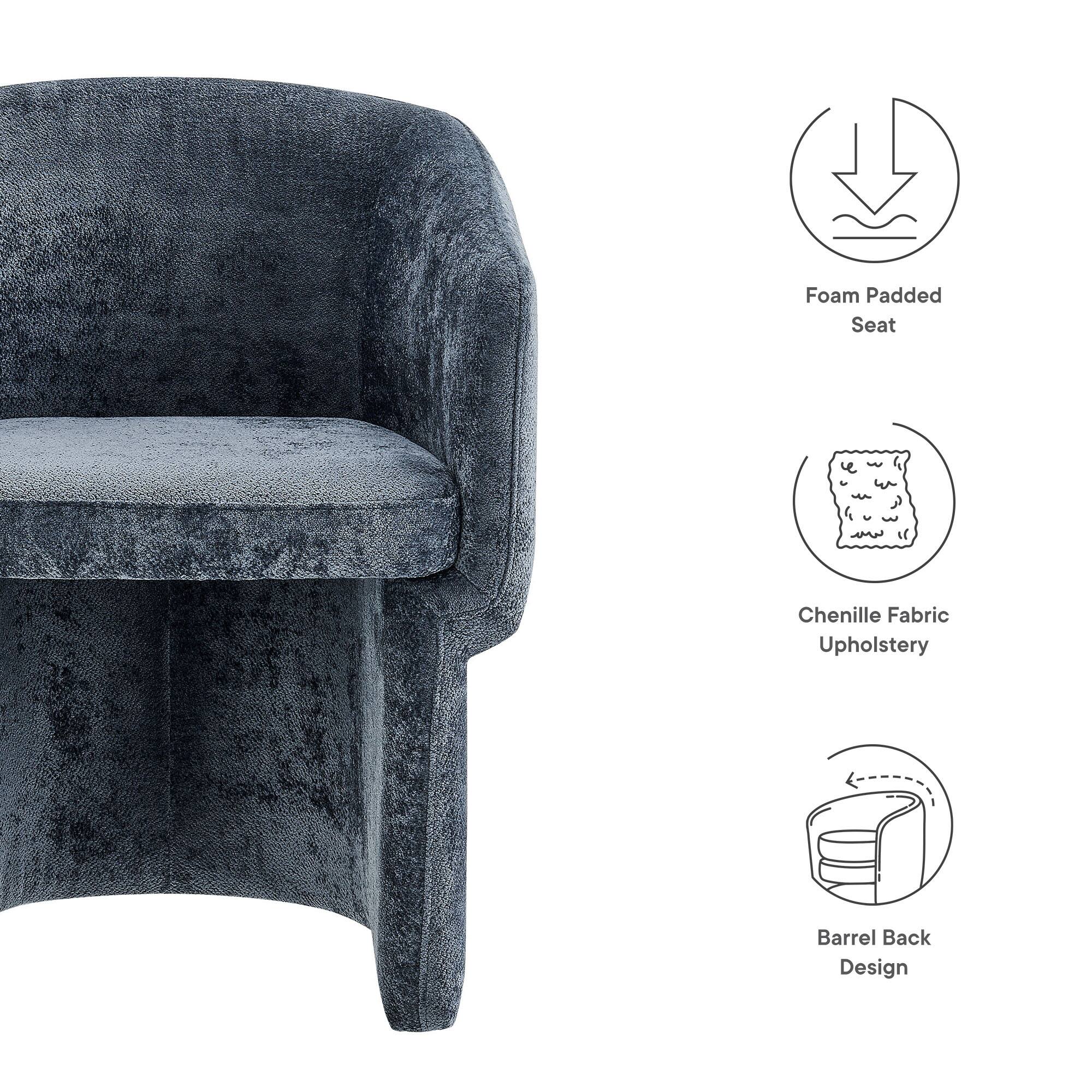 - Foam Padded Seat
- Chenille Fabric Upholstery
- Barrel Back Design