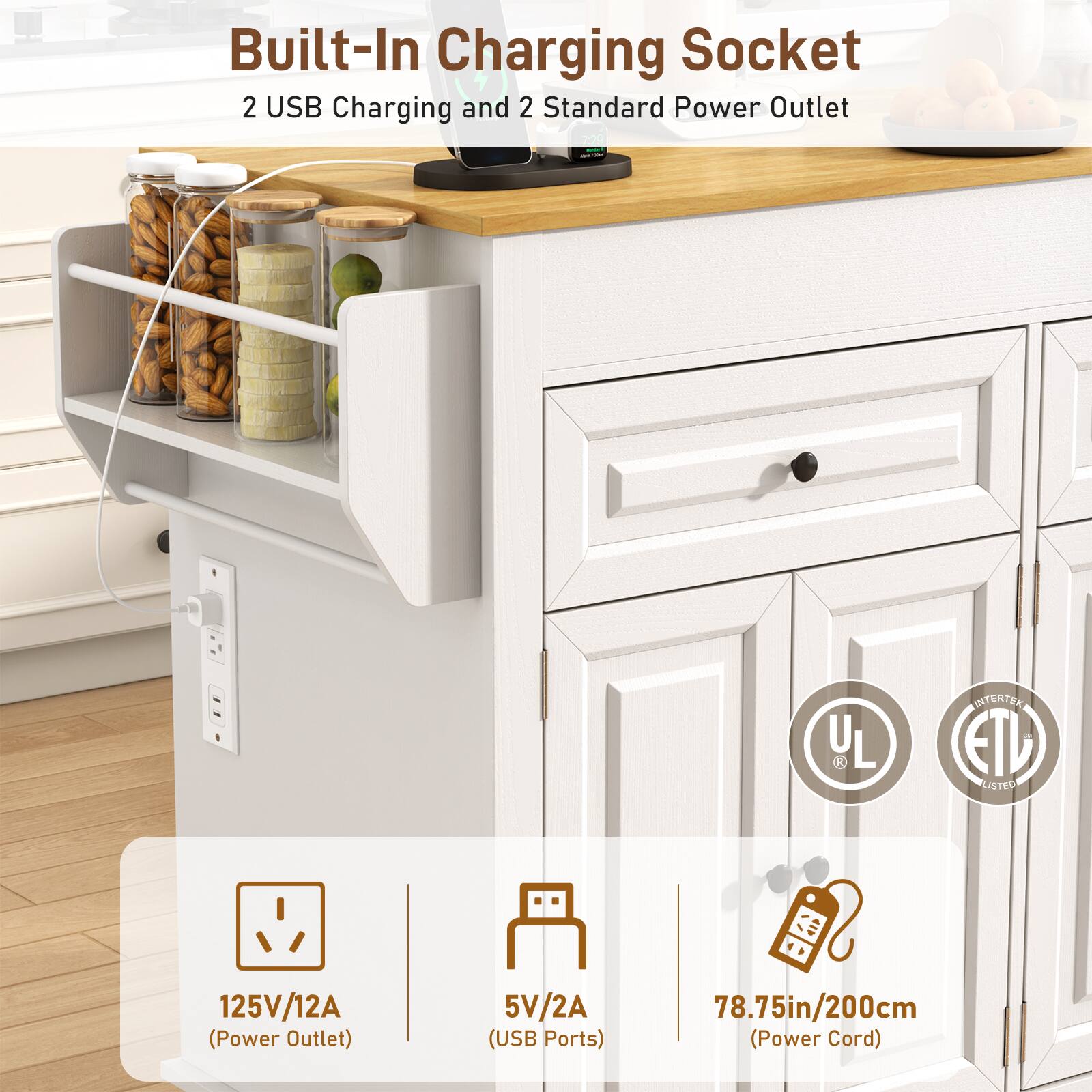 Built-In Charging Socket  
2 USB Charging and 2 Standard Power Outlet  

125V/12A (Power Outlet)  
5V/2A (USB Ports)  
78.75in/200cm (Power Cord)  

UL Listed  
ETL Listed