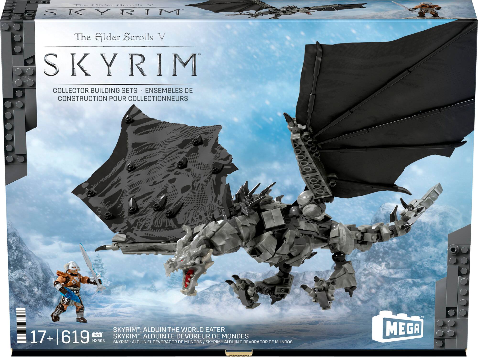 The Elder Scrolls V  
SKYRIM  

COLLECTOR BUILDING SETS  
ENSEMBLES DE CONSTRUCTION POUR COLLECTIONNEURS  

SKYRIM™: ALDUIN THE WORLD EATER  
SKYRIM™: ALDUIN LE DÉVORATEUR DE MONDES  
SKYRIM™: ALDUIN EL DEVORADOR DE MUNDOS  

17+ | 619  
HX98  

MEGA