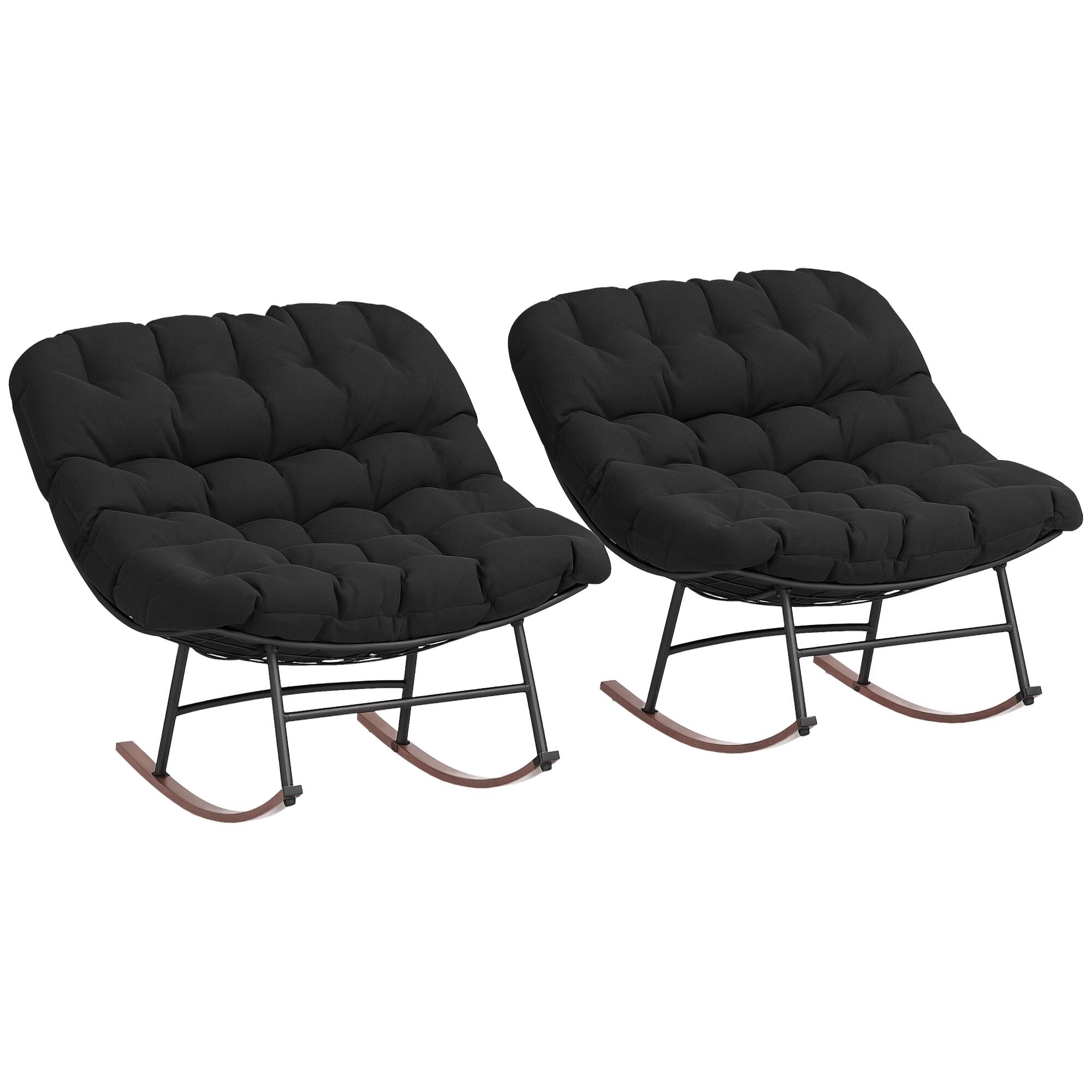 Outsunny - Outdoor Rocking Chair Set of 2, Oversized Rocking Papasan Chairs with Cushions, Steel Frame, Comfy Rockers - Black