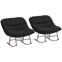 Outsunny - Outdoor Rocking Chair Set of 2, Oversized Rocking Papasan Chairs with Cushions, Steel Frame, Comfy Rockers - Black