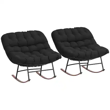 Front. Outsunny - Outdoor Rocking Chair Set of 2, Oversized Rocking Papasan Chairs with Cushions, Steel Frame, Comfy Rockers - Black.