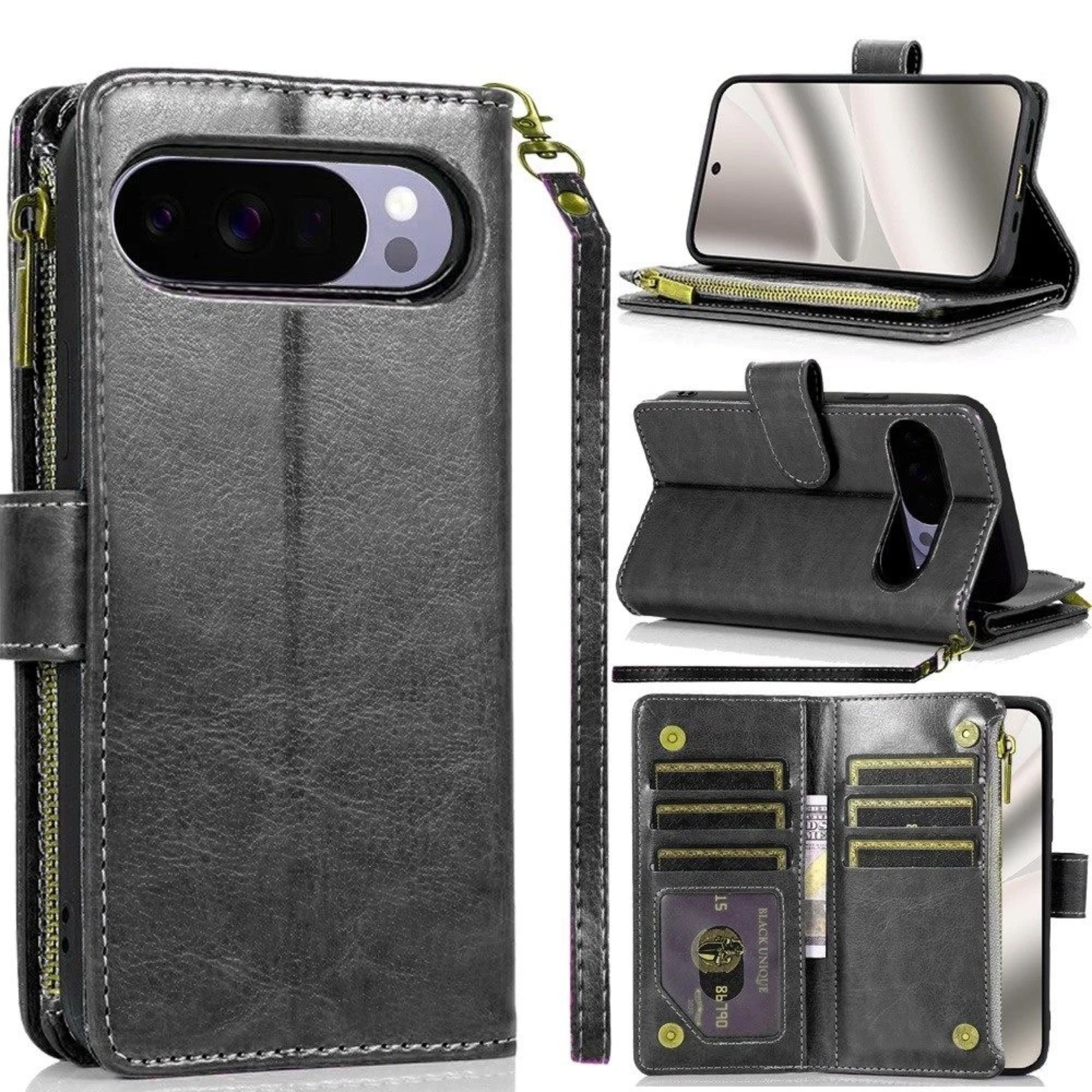 Kitcheniva - Luxury Phone Wallet With Zipper Case Plus Tempered Glass For Google Pixel 10 Pro XL - Black