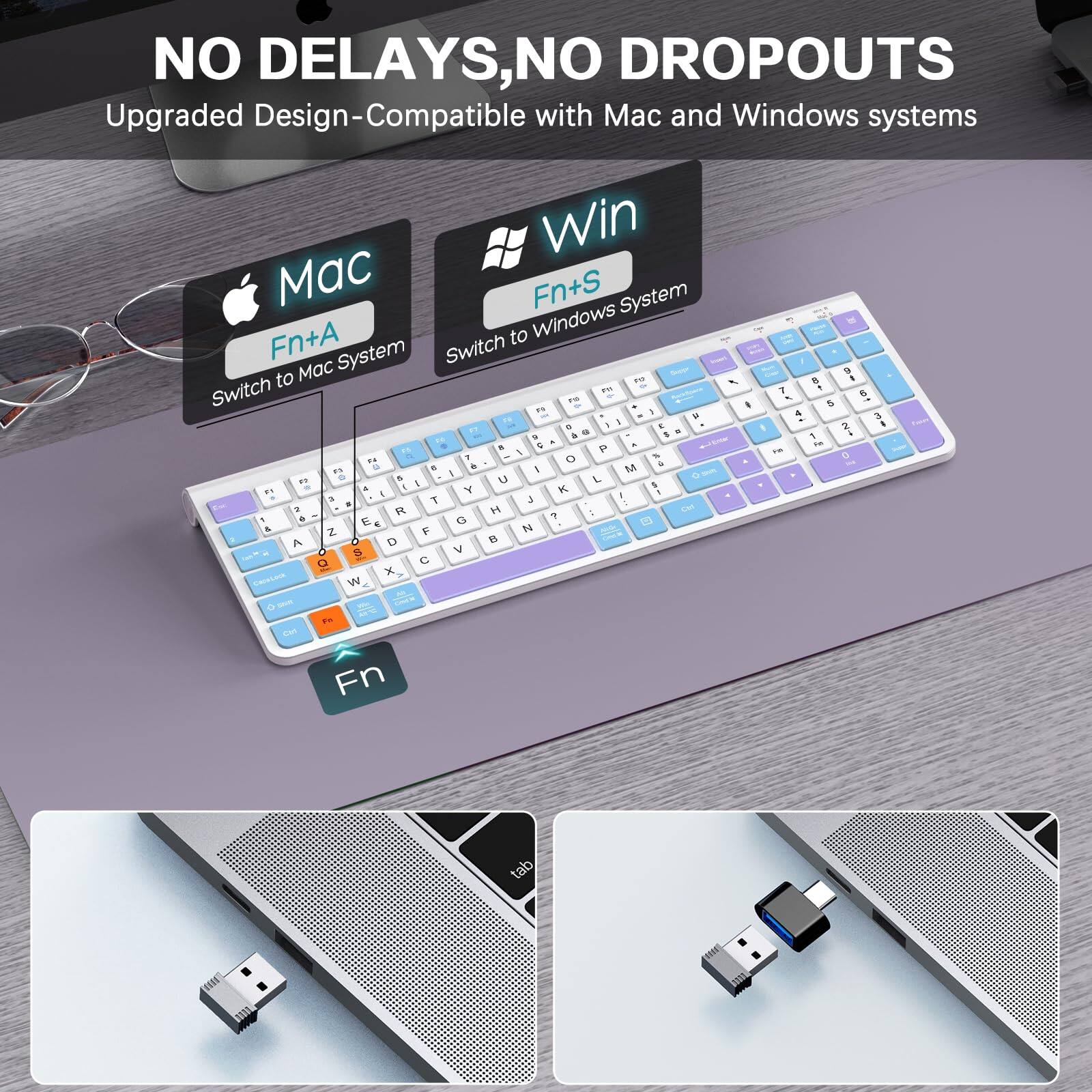 NO DELAYS, NO DROPOUTS  
Upgraded Design - Compatible with Mac and Windows systems  

Mac  
Fn+A  
Switch to Mac System  

Win  
Fn+S  
Switch to Windows System  

Fn