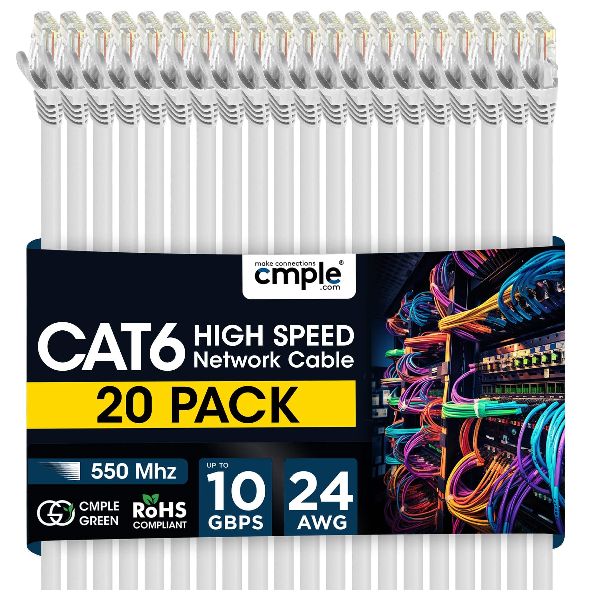 Cmple.com - Cmple - 20 Pack Cat6 Ethernet Cable 15 ft Cat 6 Network Cables, RJ45, 10Gbps LAN Patch Cord 550Mhz Cat 6 Wire - White