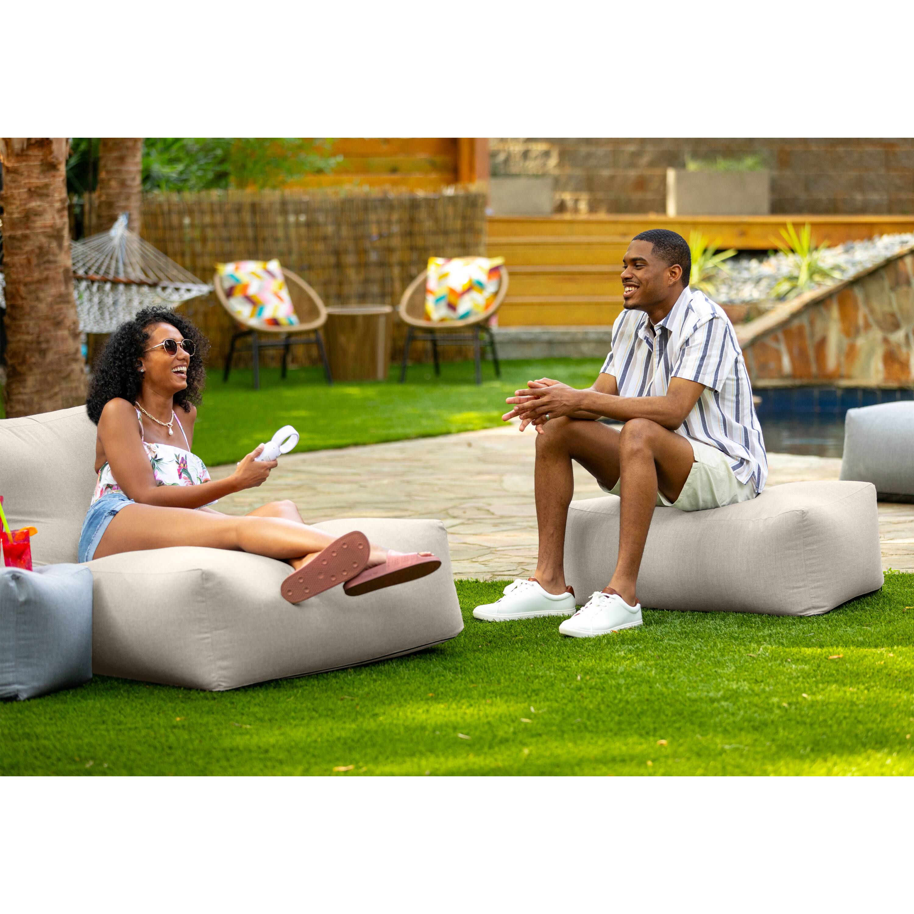Alt View 2. Jaxx - Coza Ottoman - Large Outdoor Pouf & Footrest - Sunbrella, Flax - Flax.
