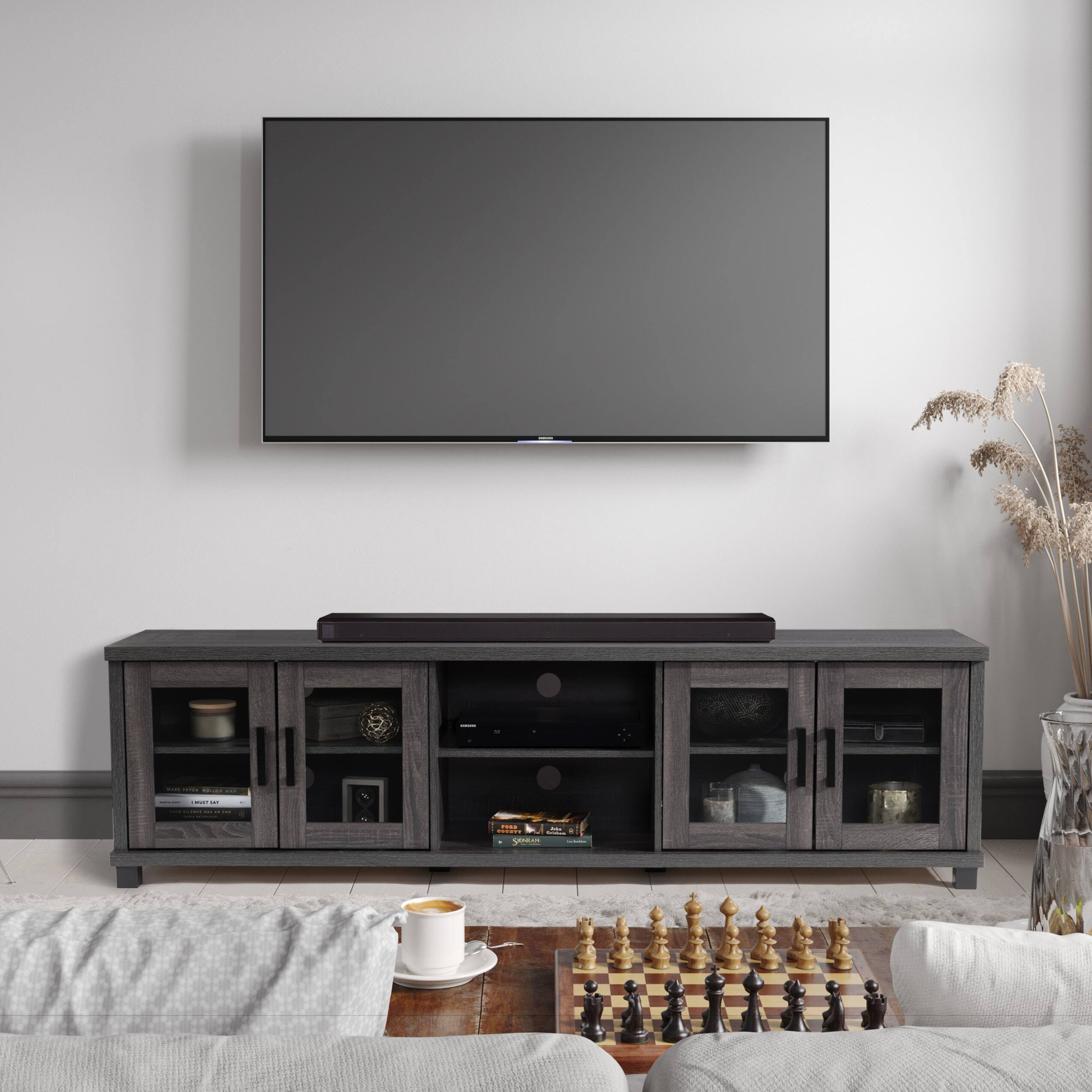 Left. CorLiving - Fremont TV Bench with Glass Cabinets for Most TVs up to 95" - Dark Gray.