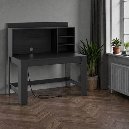Front. Hivvago - Contemporary Workstation Desk with Upper Hutch and Multi-Tier Storage - Black.