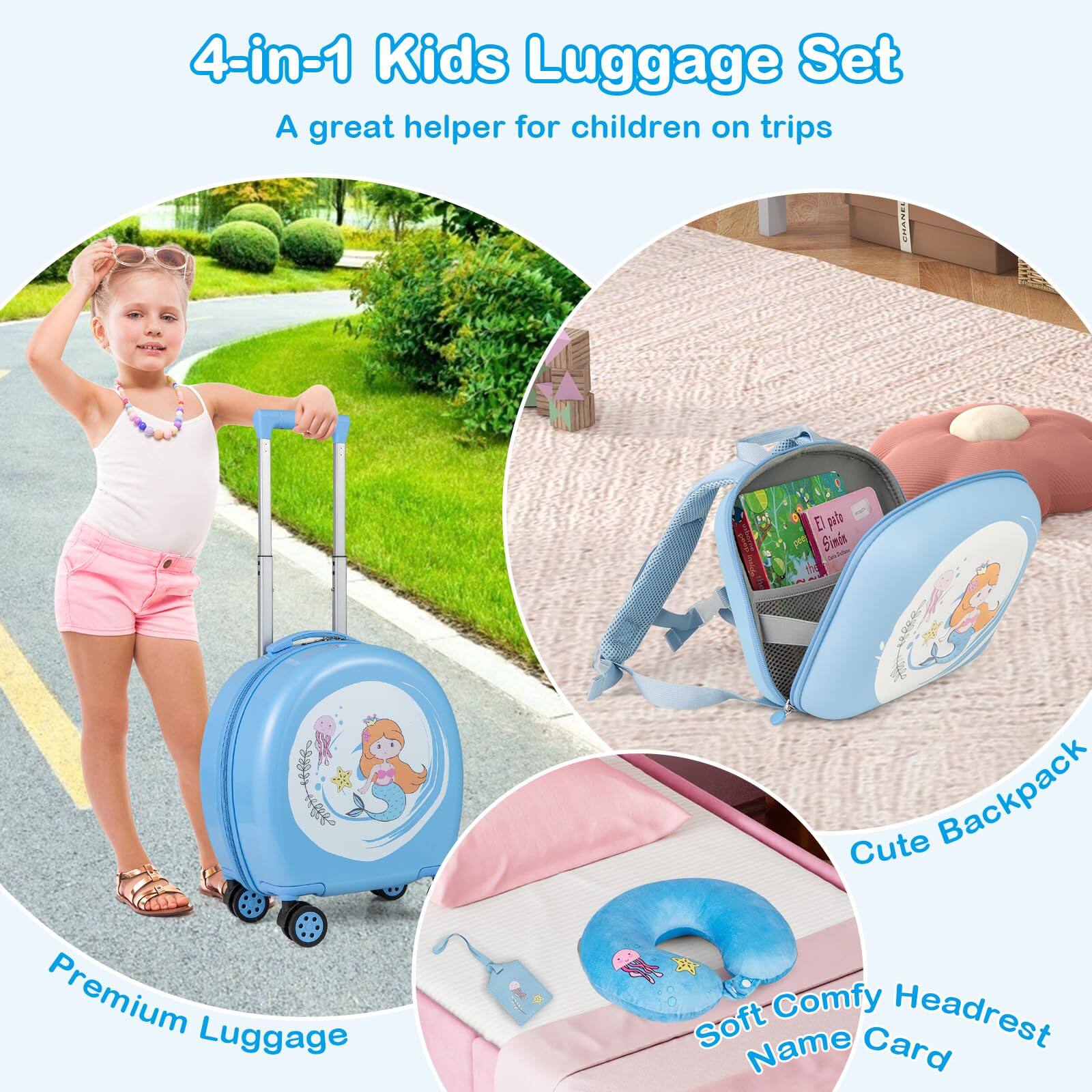 4-in-1 Kids Luggage Set  
A great helper for children on trips  

Premium Luggage  
Cute Backpack  
Soft Comfy Headrest  
Name Card