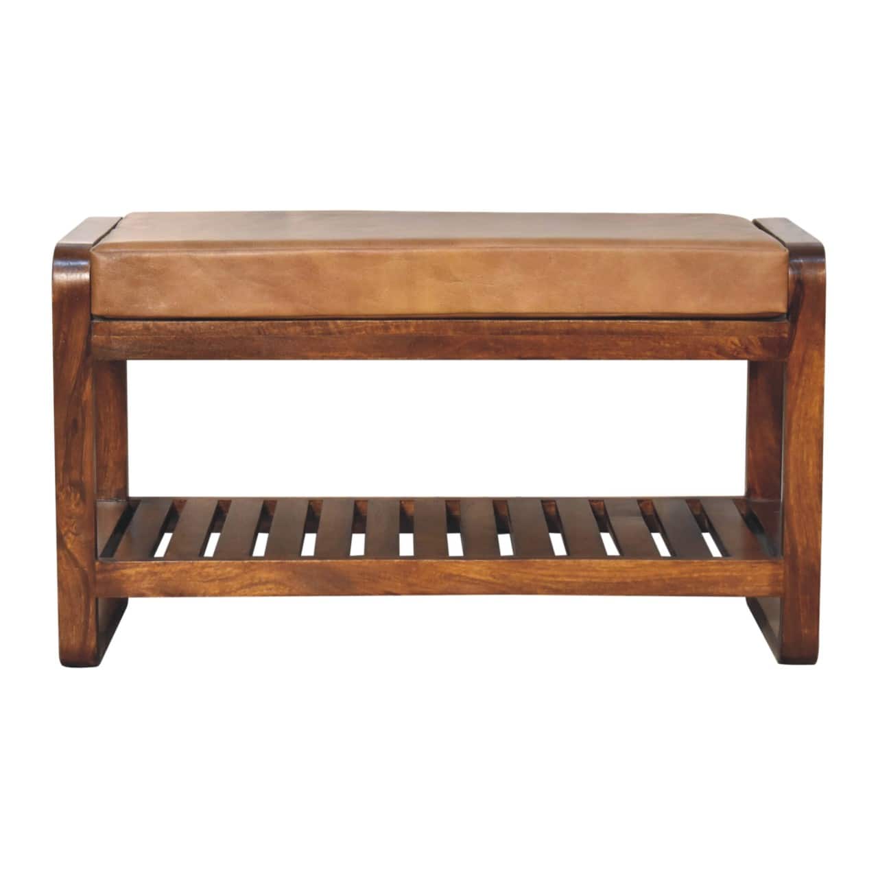 Artisan Furniture - Solid Wood Small Buffalo Slatted Hallway Bench, Upholstered, 1 Shelf - Brown