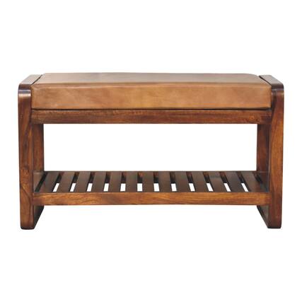 Front. Artisan Furniture - Artisan Furniture Solid Wood Small Buffalo Slatted Hallway Bench, Upholstered, 1 Shelf, Brown - Brown.