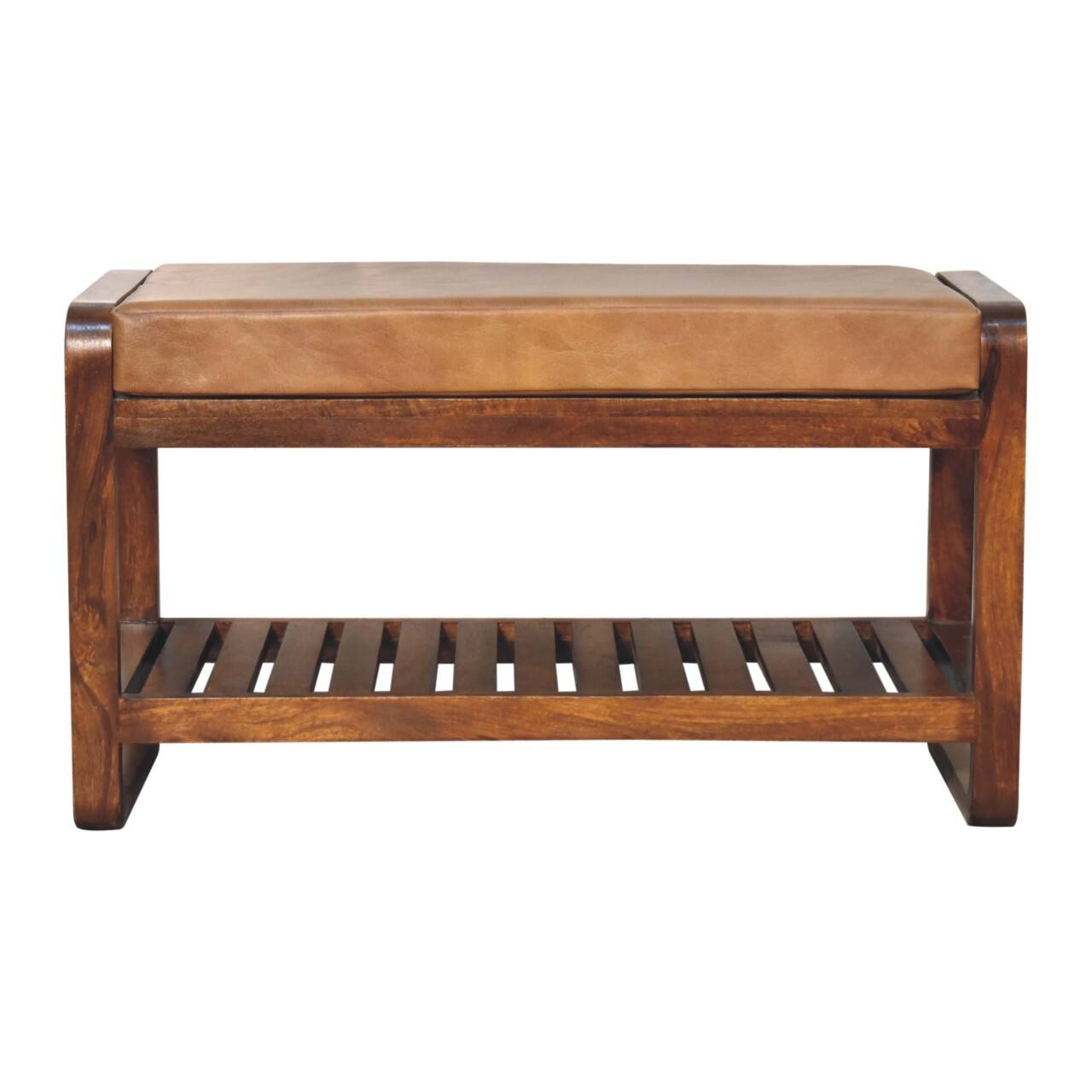 Front. Artisan Furniture - Artisan Furniture Solid Wood Small Buffalo Slatted Hallway Bench, Upholstered, 1 Shelf, Brown - Brown.